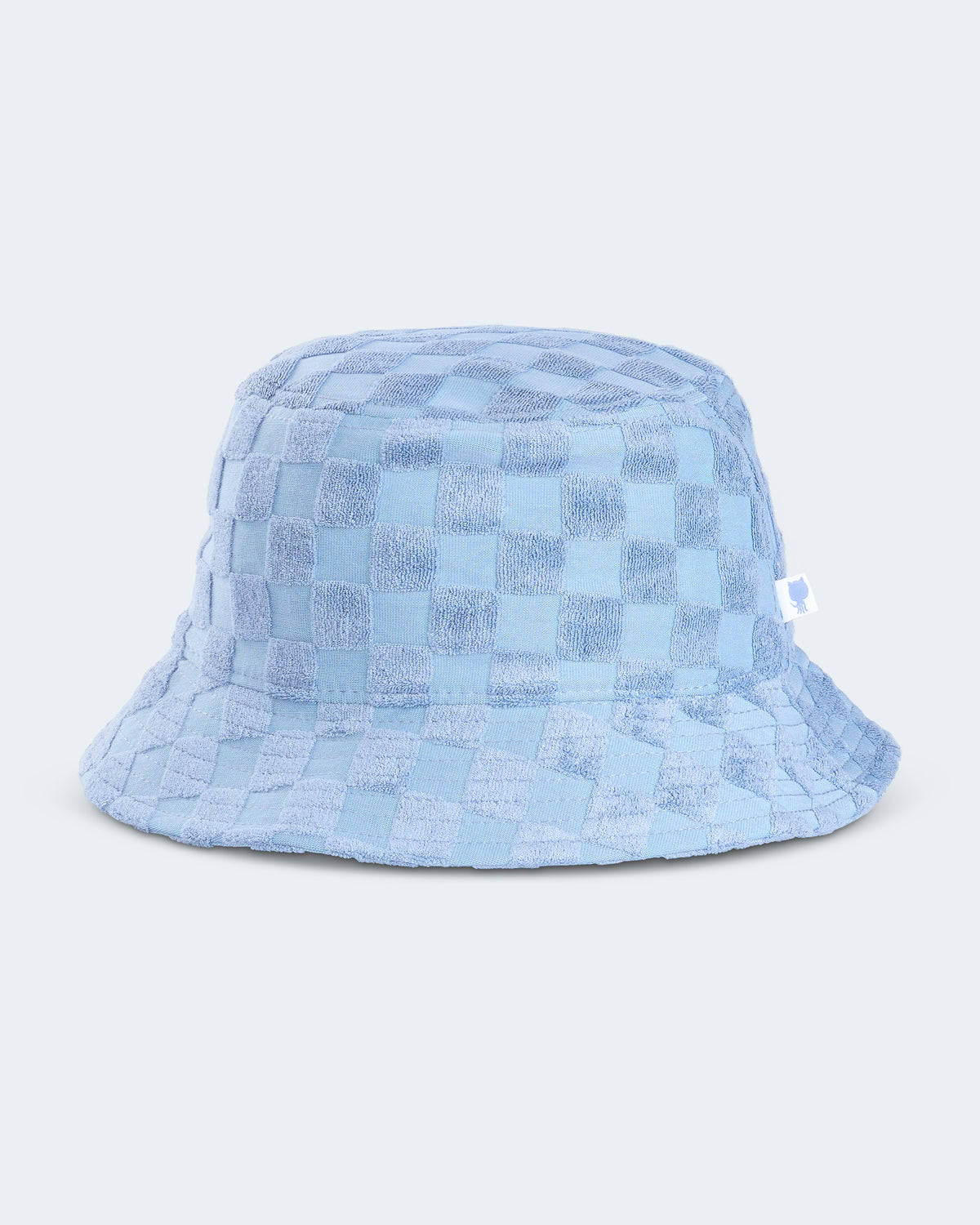 A blue checkered bucket hat made of terry fabric.