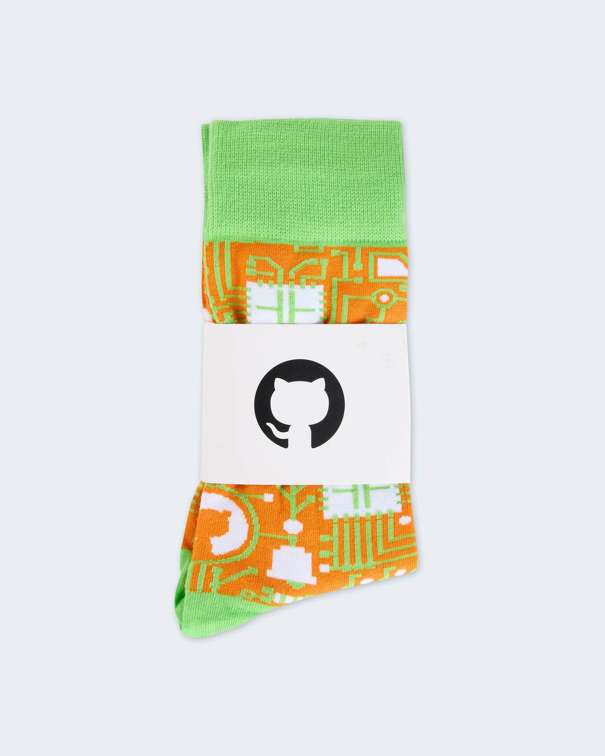 Orange Pattern Dress Socks wrapped in a white GitHub logo band.