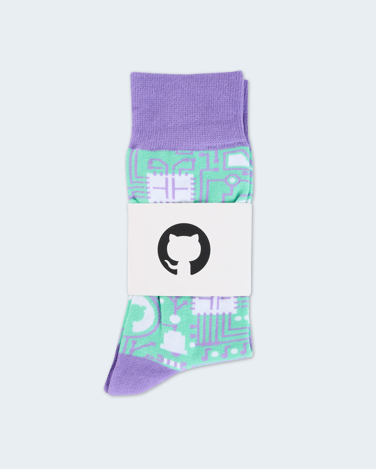 Purple Pattern Dress Socks wrapped in a white GitHub logo band.