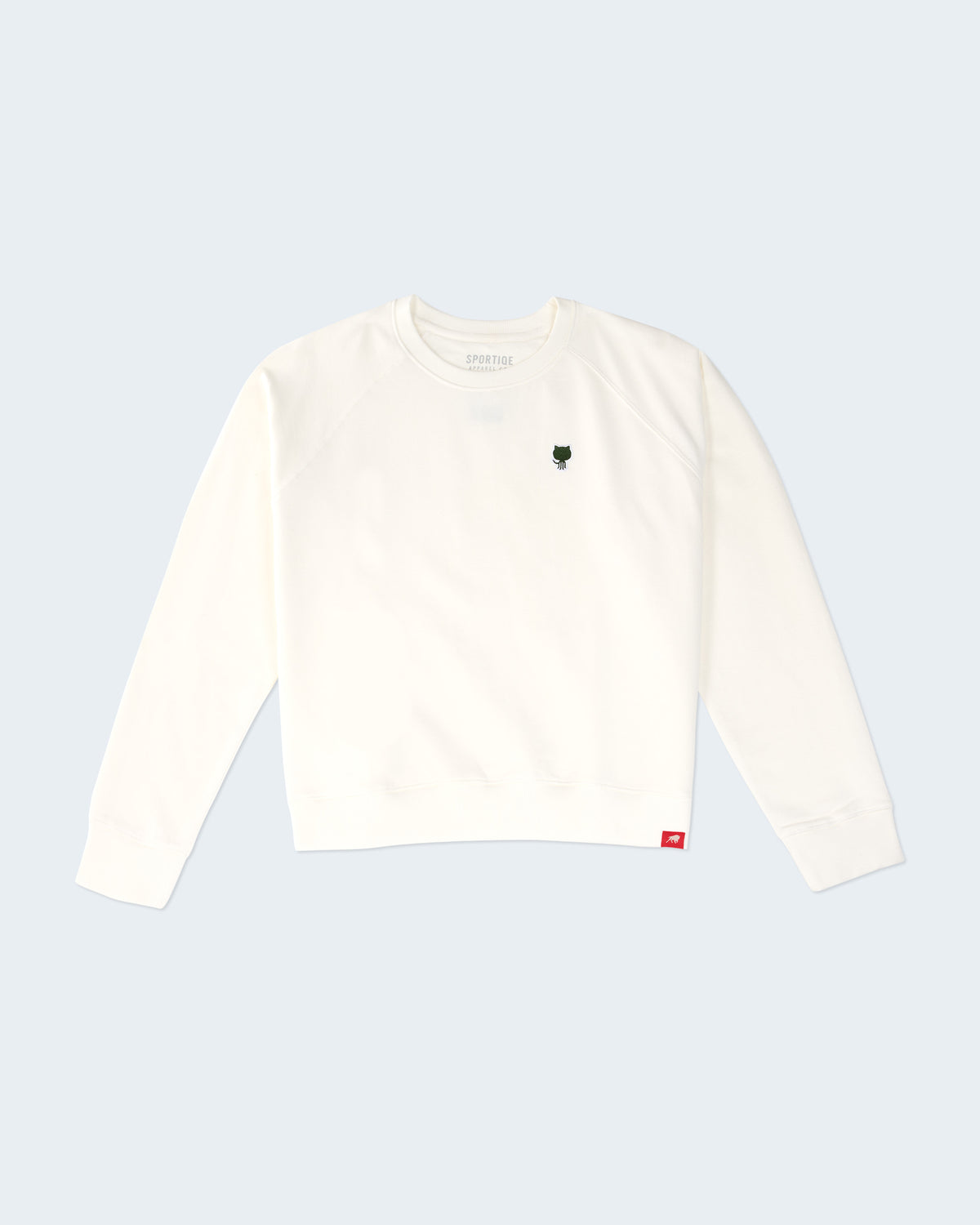 White cropped crewneck sweatshirt with an embroidered patch Octocat logo on the left chest and a small red label on the lower right side.