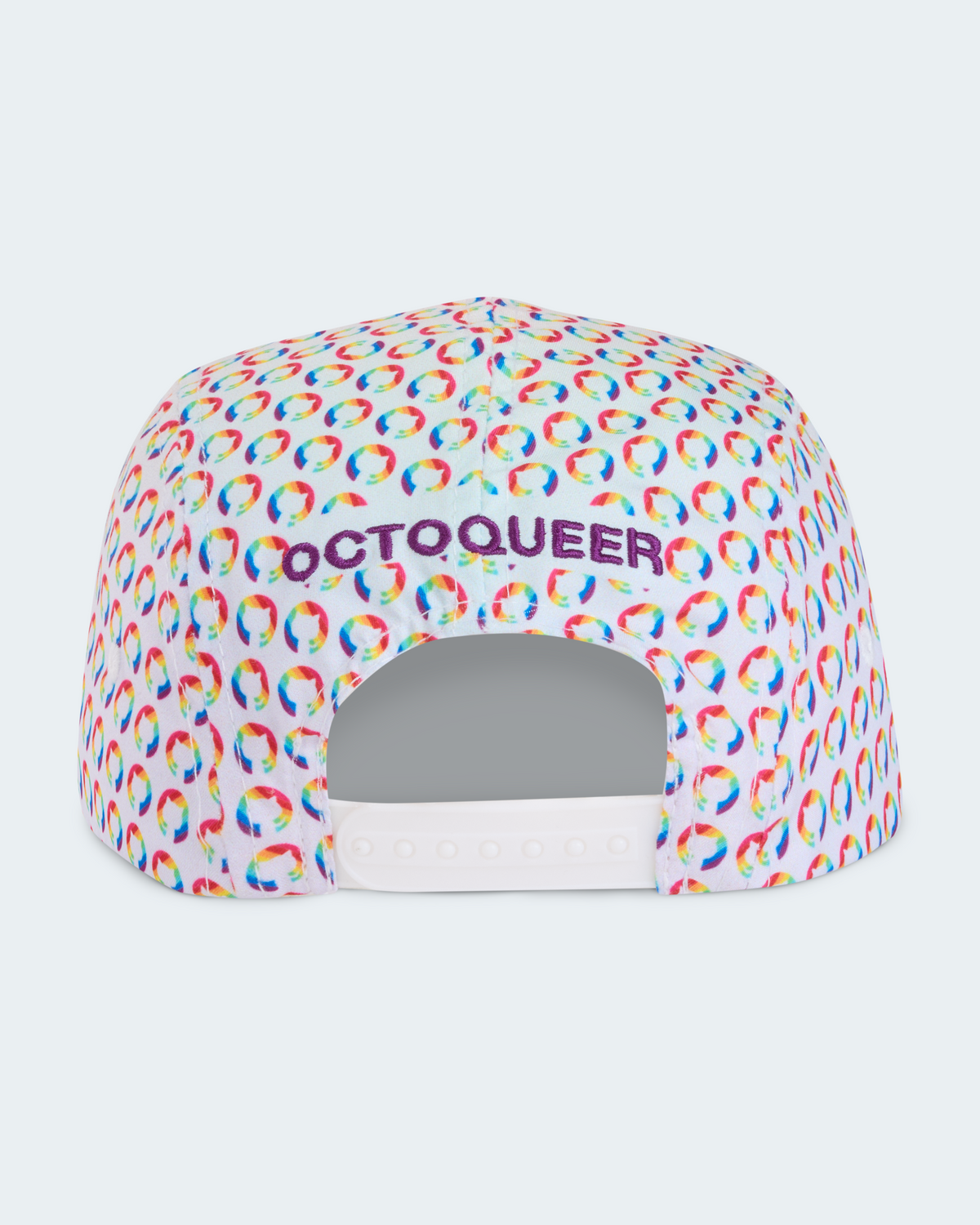 Back view of Light pastel 5-panel cap with repeating GitHub Pride logo pattern and purple 'OCTOQUEER' embroidery