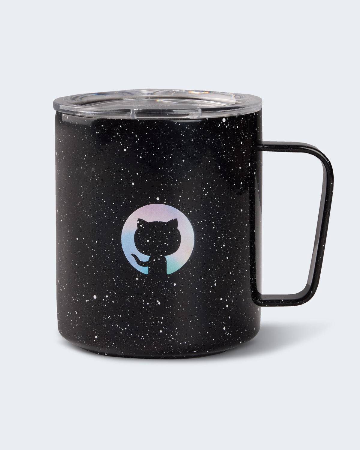 Front view of a black speckled mug with a handle and holographic GitHub logo in the center, featuring a clear lid on top.