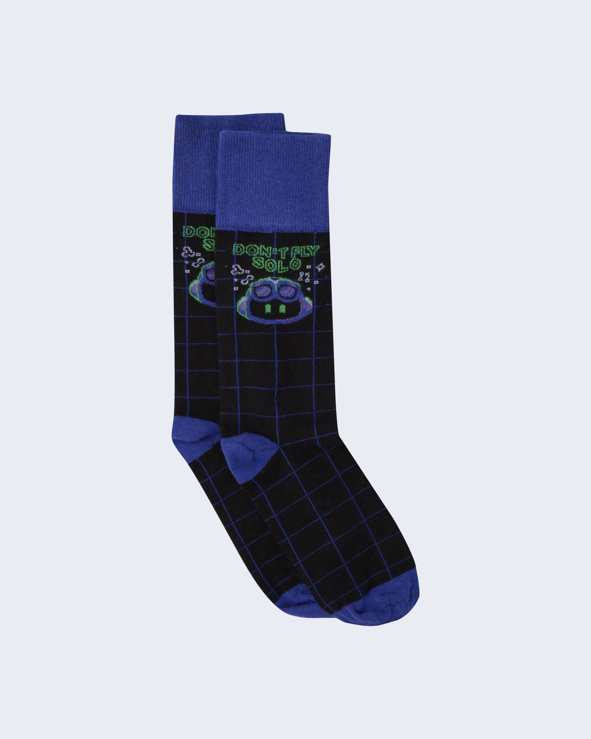 Pair of black crew socks with blue grid pattern, blue cuffs, heels, and toes, featuring a green and purple Copilot character and the text ‘Don’t Fly Solo’ on the upper section.