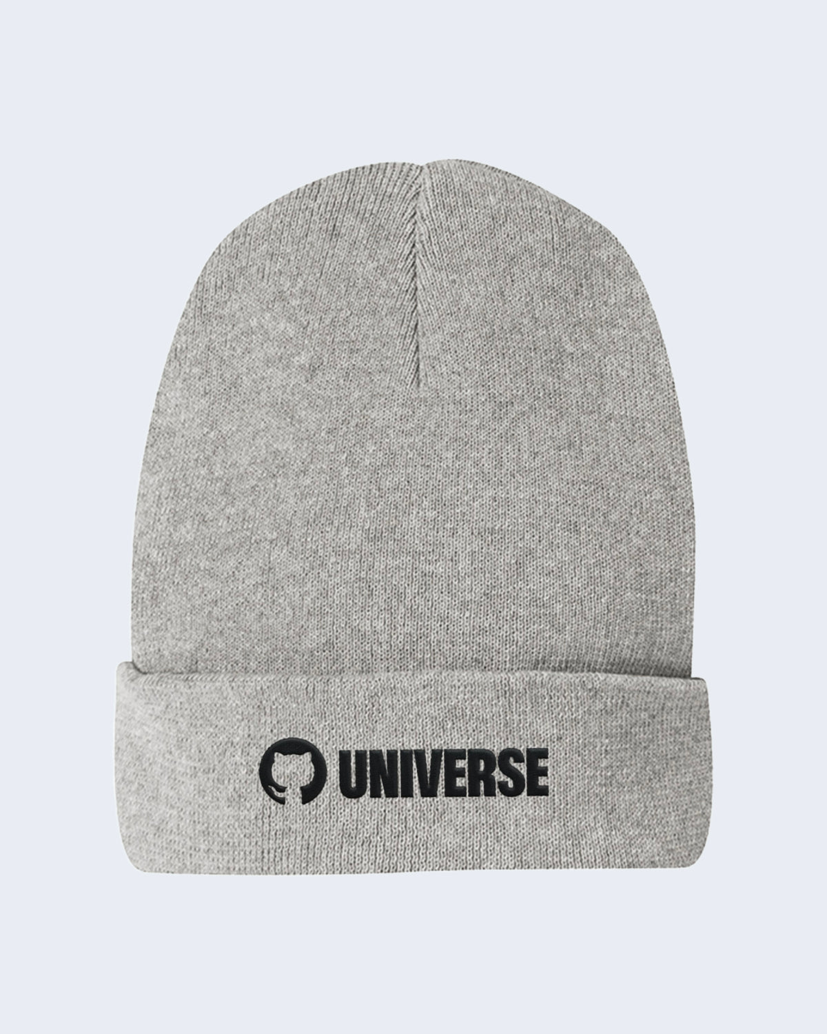 Beanie in gray with a cuffed brim featuring black Invertocat logo and 'UNIVERSE' text embroidered on the brim.