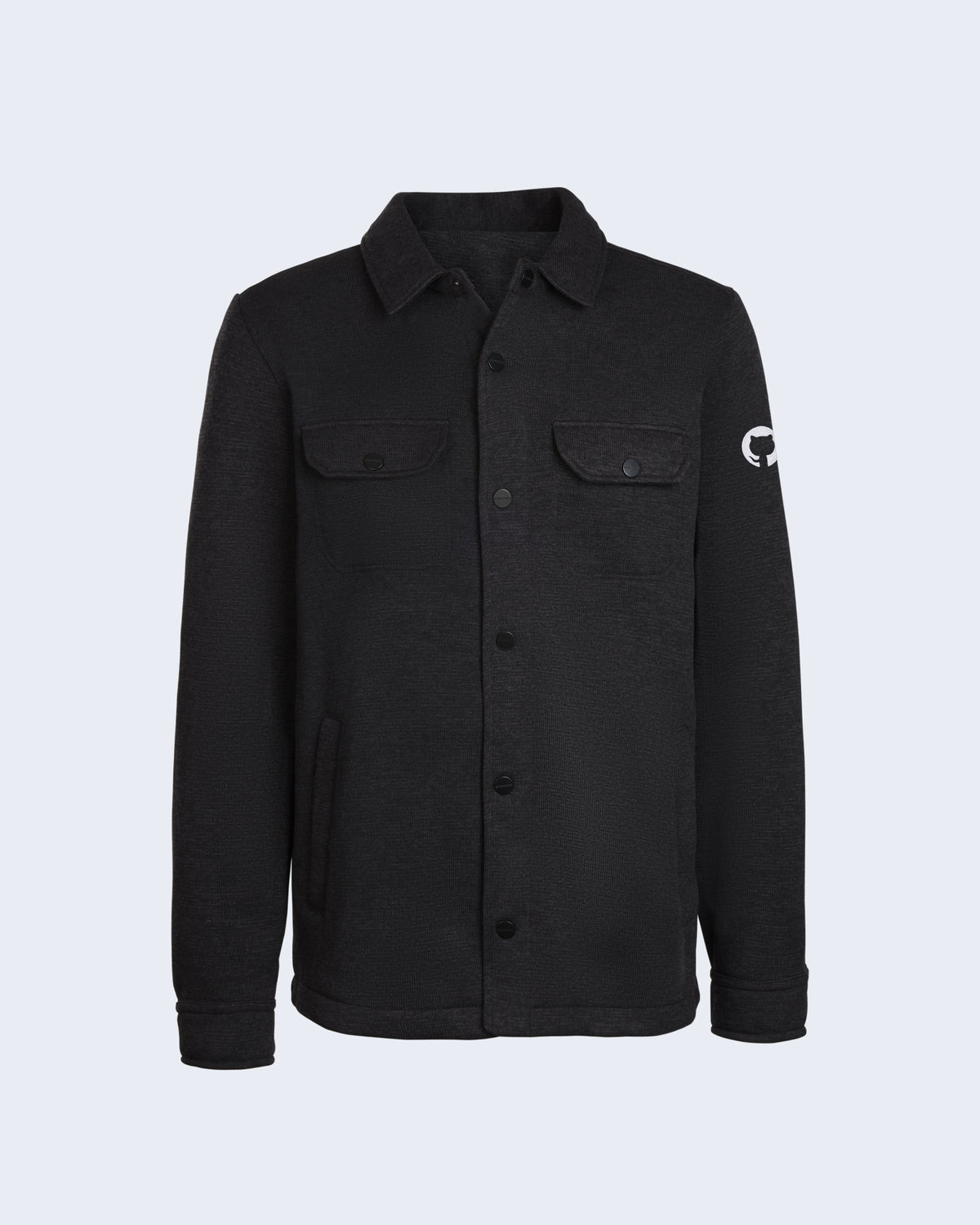 black Stormtech Avalanche fleece shacket with snap closure, hand-warmer pockets, and white embroidered Invertocat logo on left sleeve