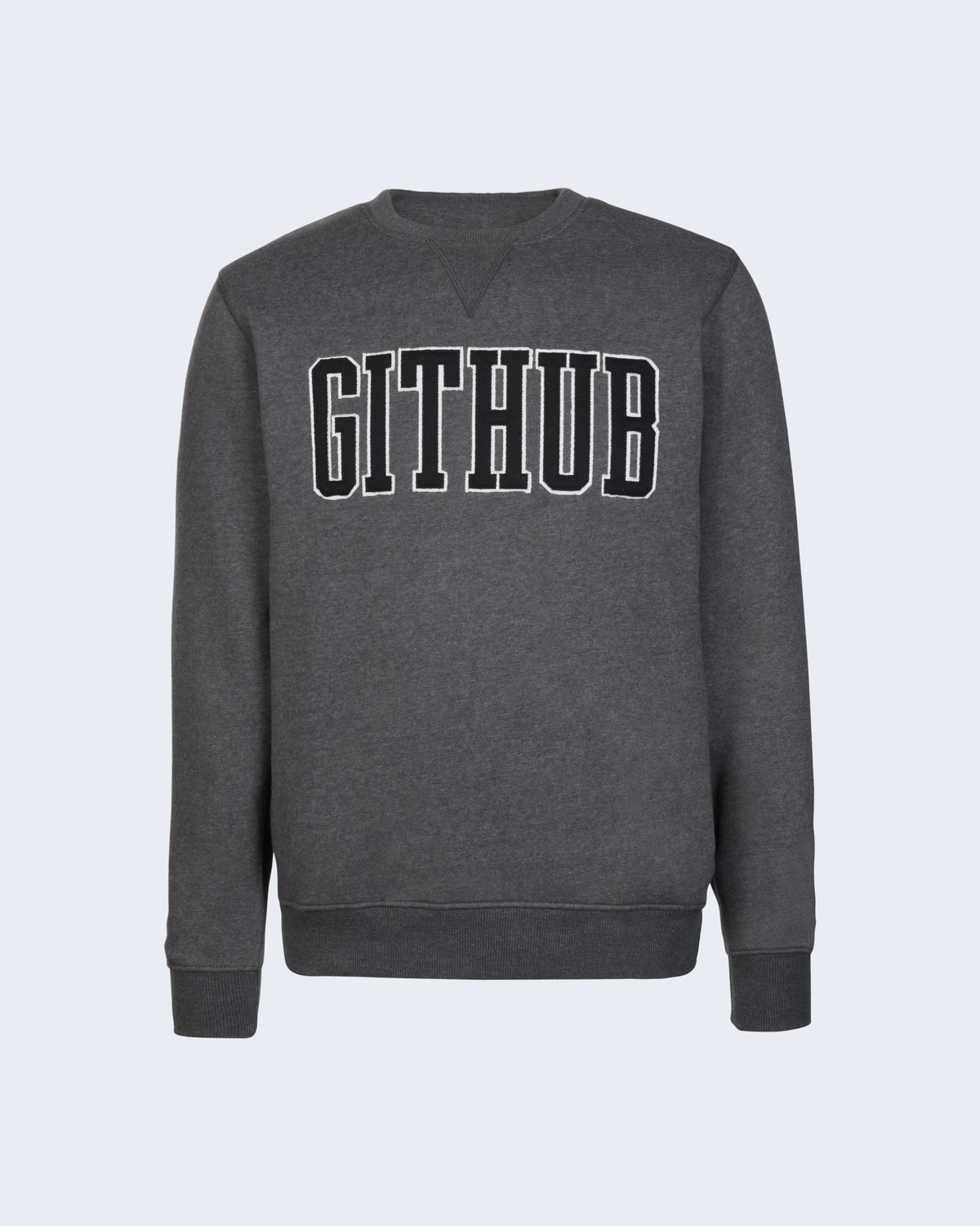 Sweatshirt in gray with ribbed cuff and hem featuring collegiate inspired 'GITHUB' text at the chest.