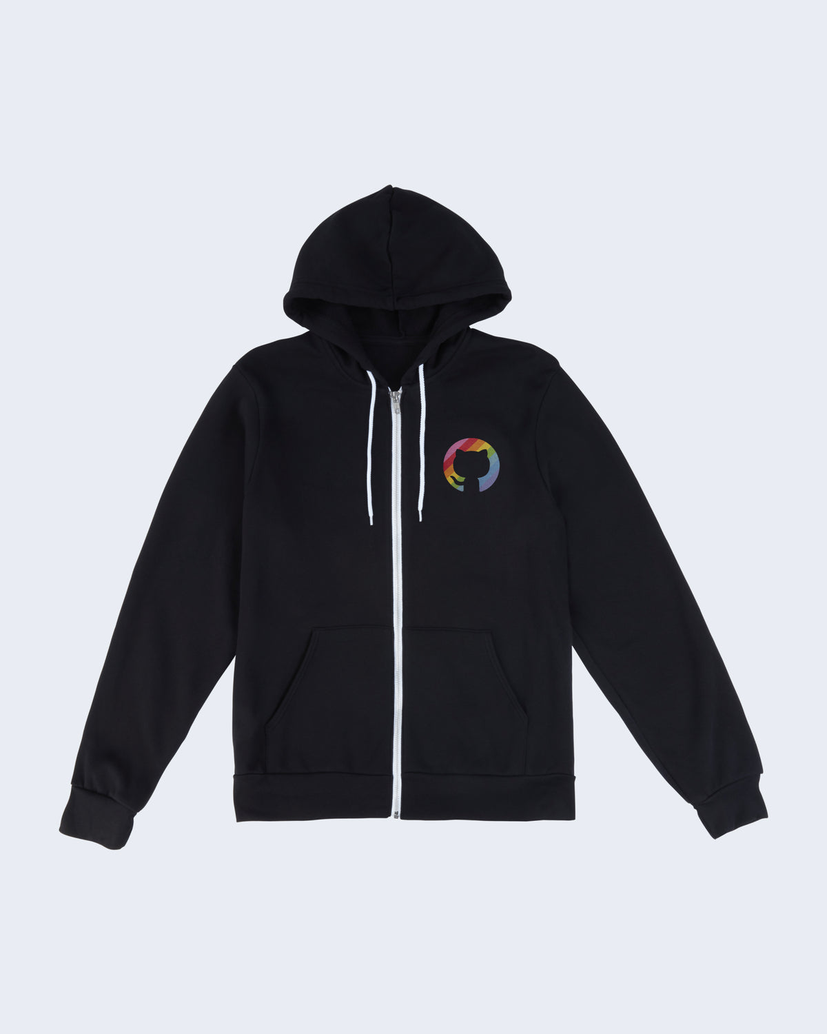 Black hoodie with white drawstrings and zipper featuring rainbow Pride Invertocat logo on the left chest