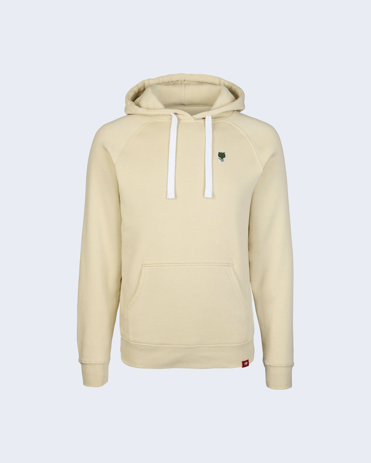 Hoodie in Beige with white drawstrings and a kangaroo pocket, featuring a green embroidered Octocat logo on the left chest.