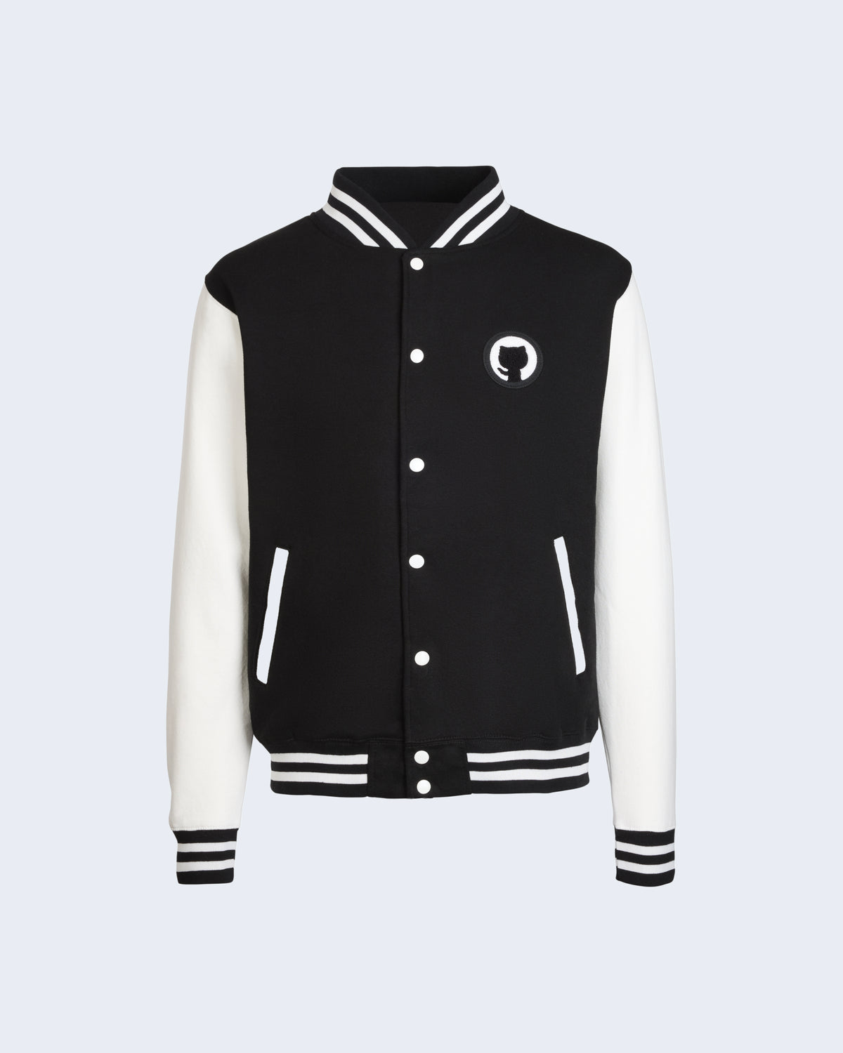 A black and white varsity jacket with a knitted collar, cuffs, and waistband featuring white Invertocat logo on the left chest