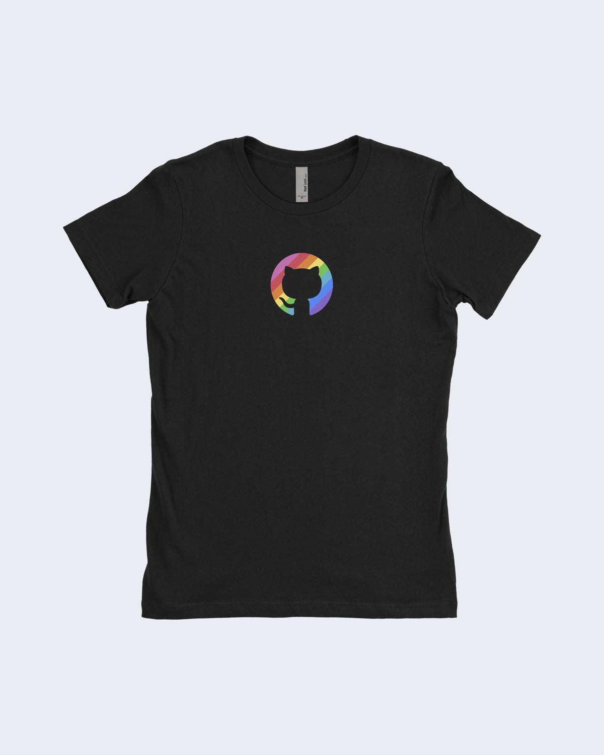 Fitted T-shirt in black, featuring the rainbow Pride invertocat logo on the chest.