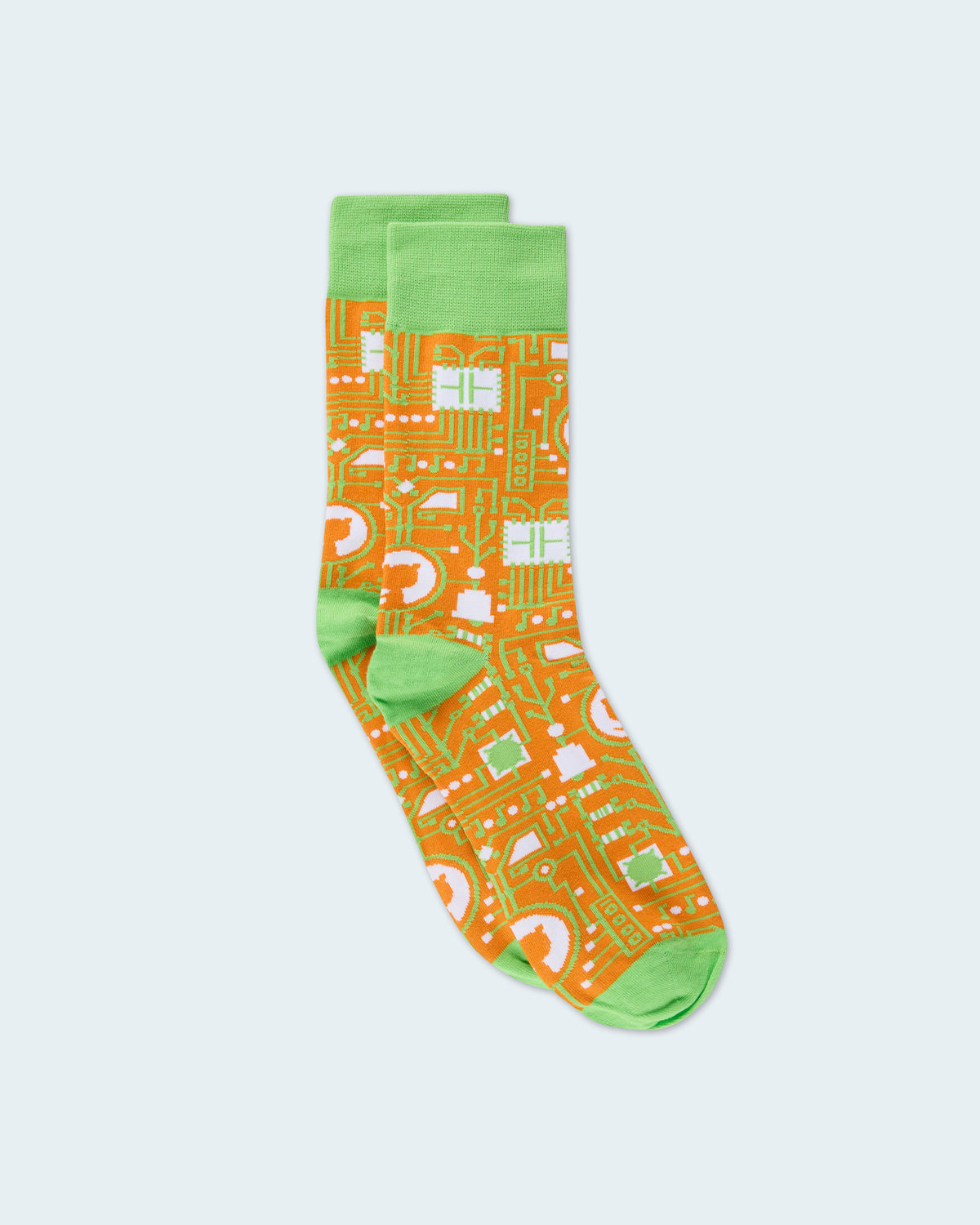 Circuit inspired Pattern dress socks in Orange with lime accent on cuffs, heel and toe