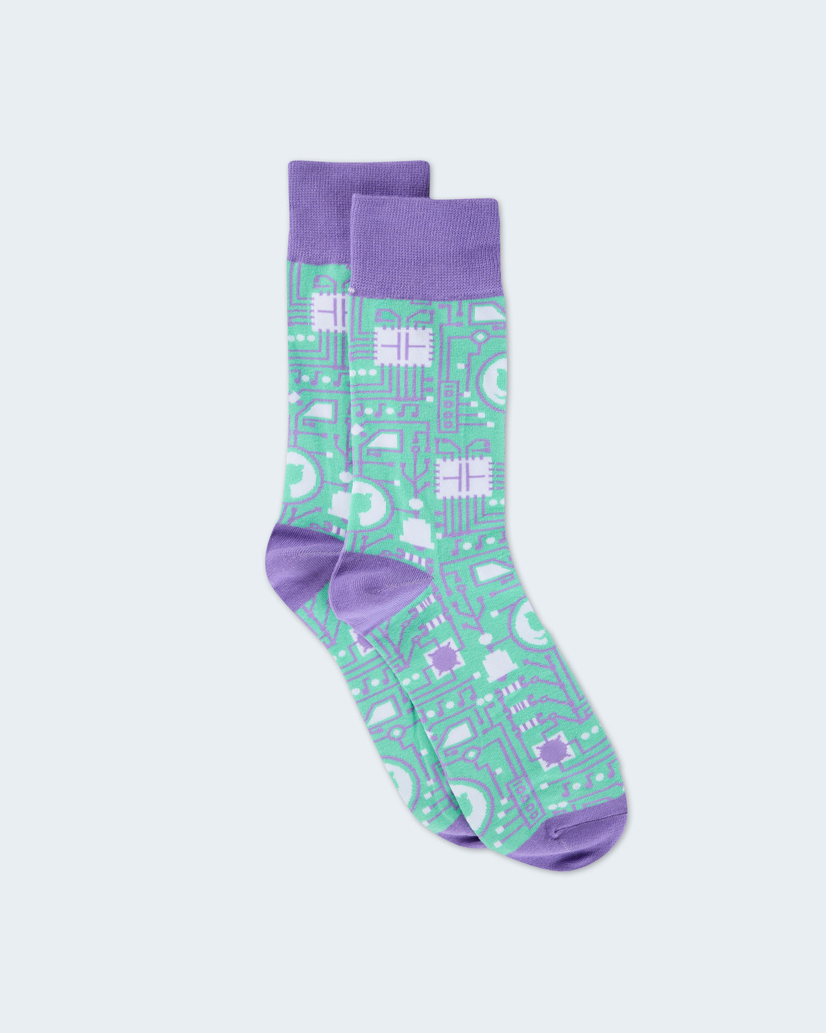 Circuit inspired Pattern dress socks in teal with purple accent on cuffs, heel and toe
