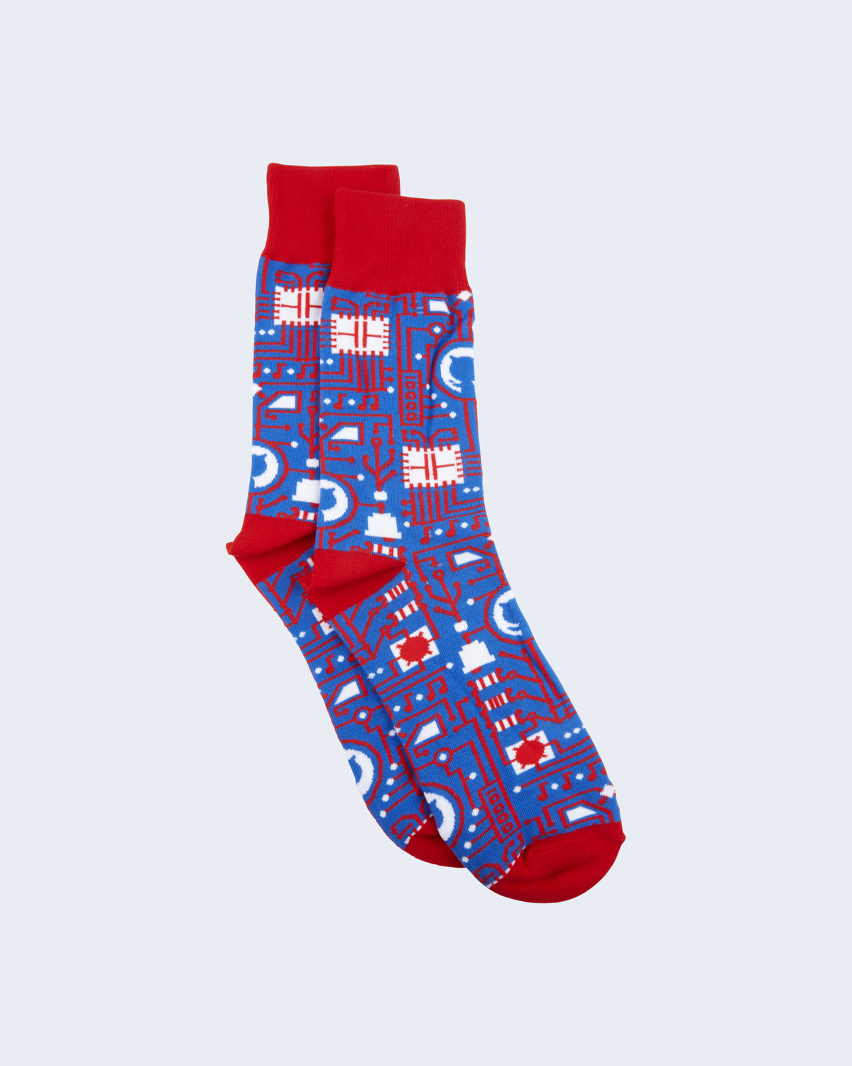 Circuit inspired Pattern dress socks in Blue with red accent on cuffs, heel and toe