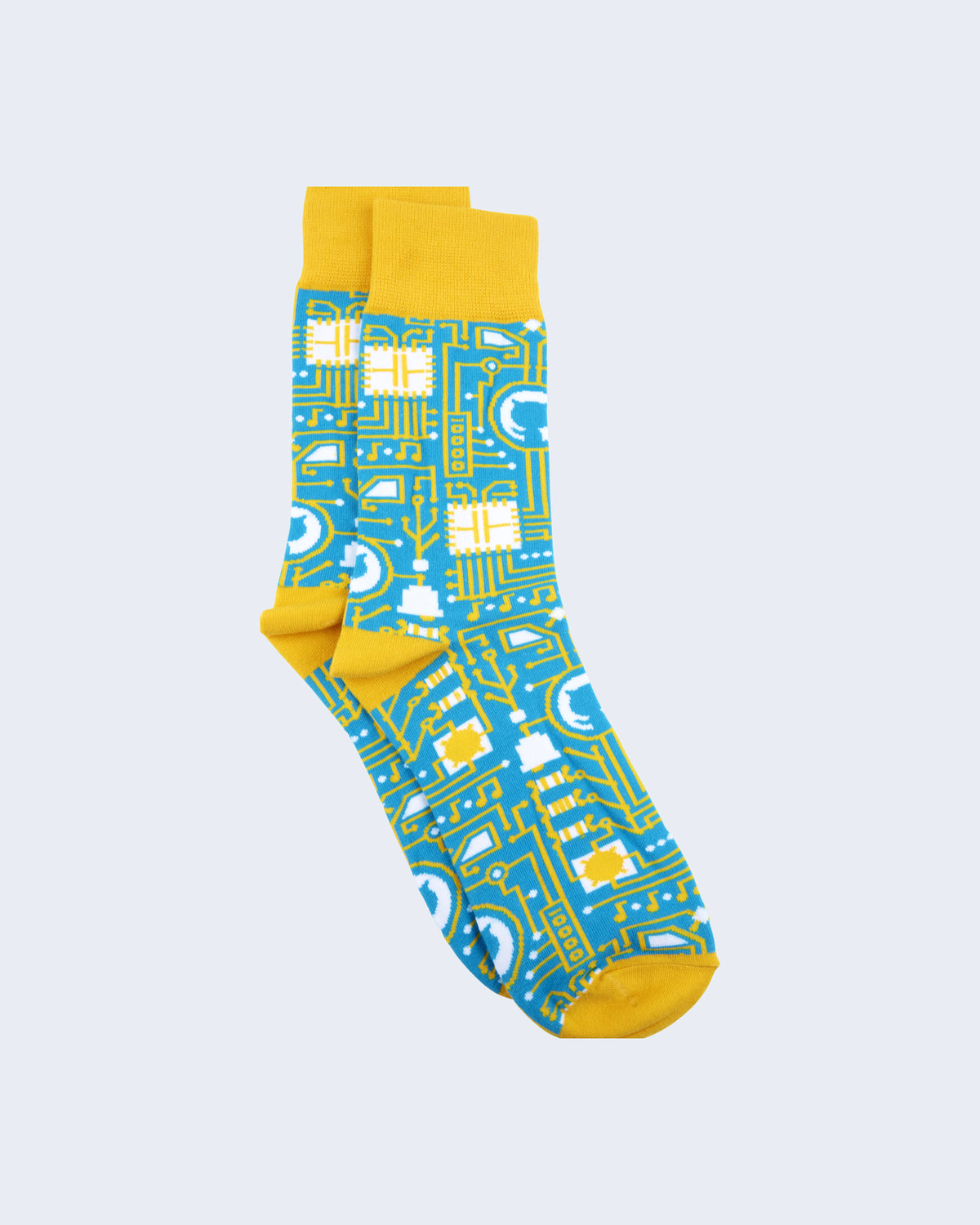 Circuit inspired Pattern dress socks in teal with yellow accent on cuffs, heel and toe