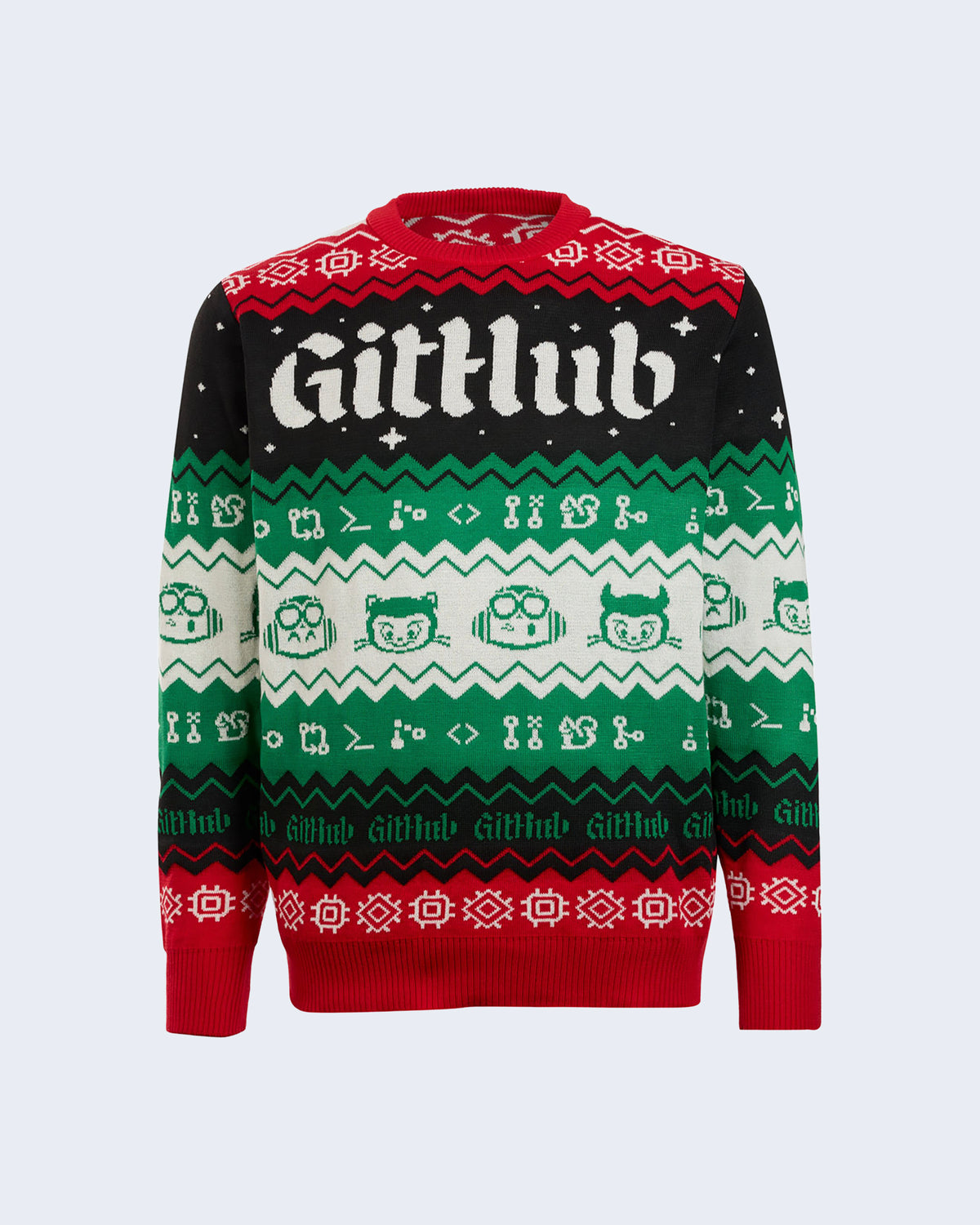 red, green, black, and white GitHub holiday sweater with all-over festive pattern and GitHub wording on chest