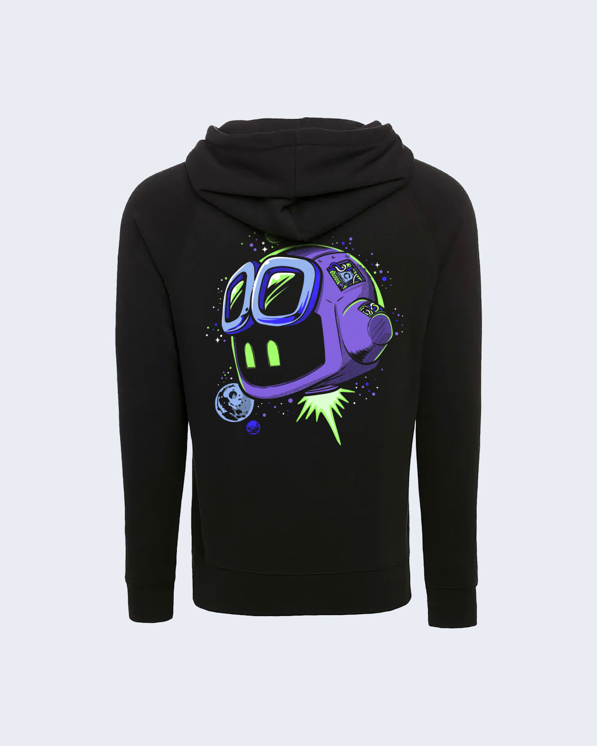 Back view of Black hoodie with Glow-in-the-dark screenprint featuring a space-themed GitHub Copilot logo