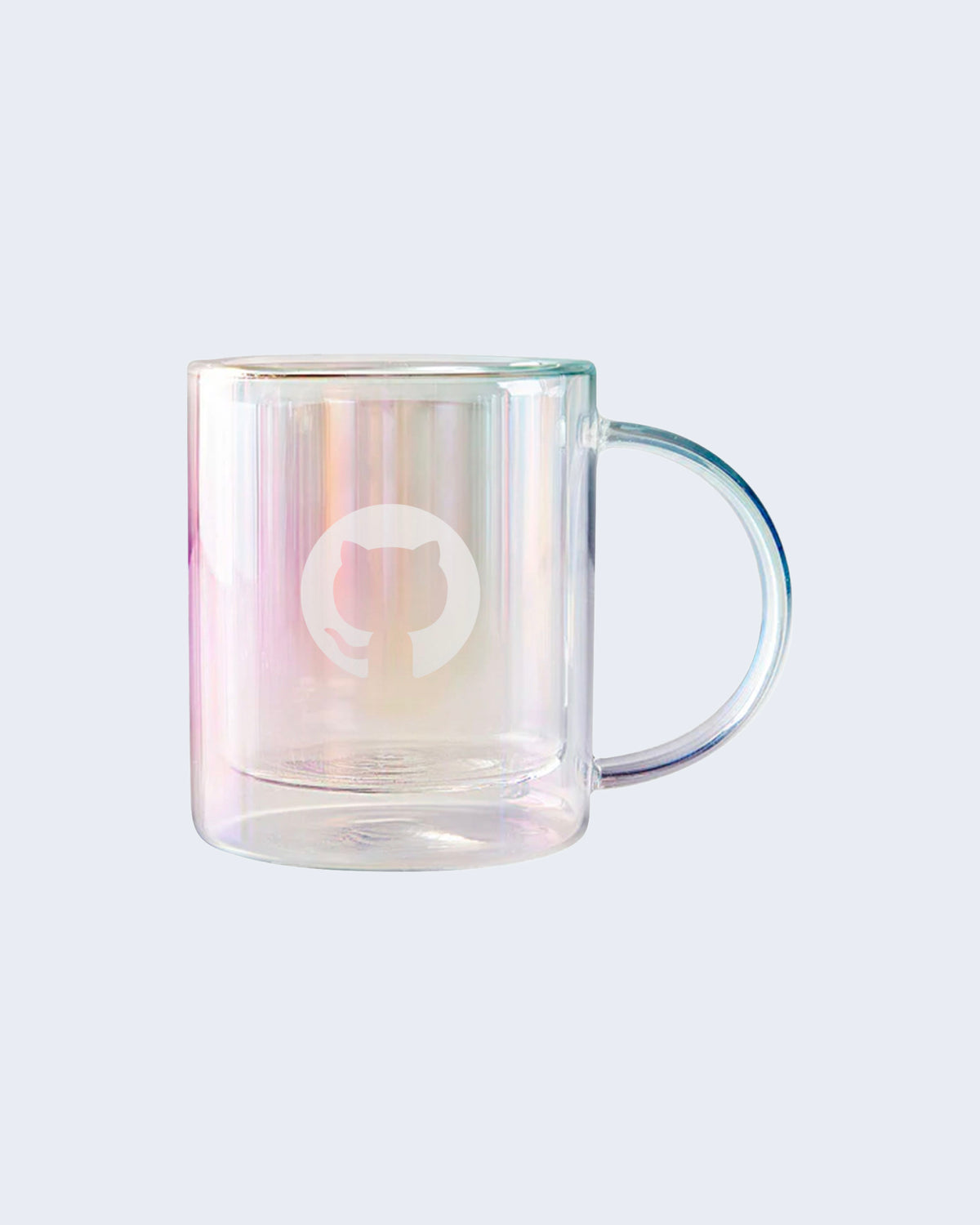 clear glass mug with iridescent decoration and etched Invertocat logo in white on the front.