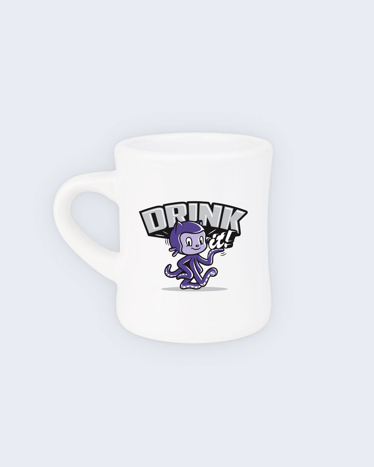 White diner-style mug with black ‘DRINK it!’ text and GitHub Octocat graphic on center.