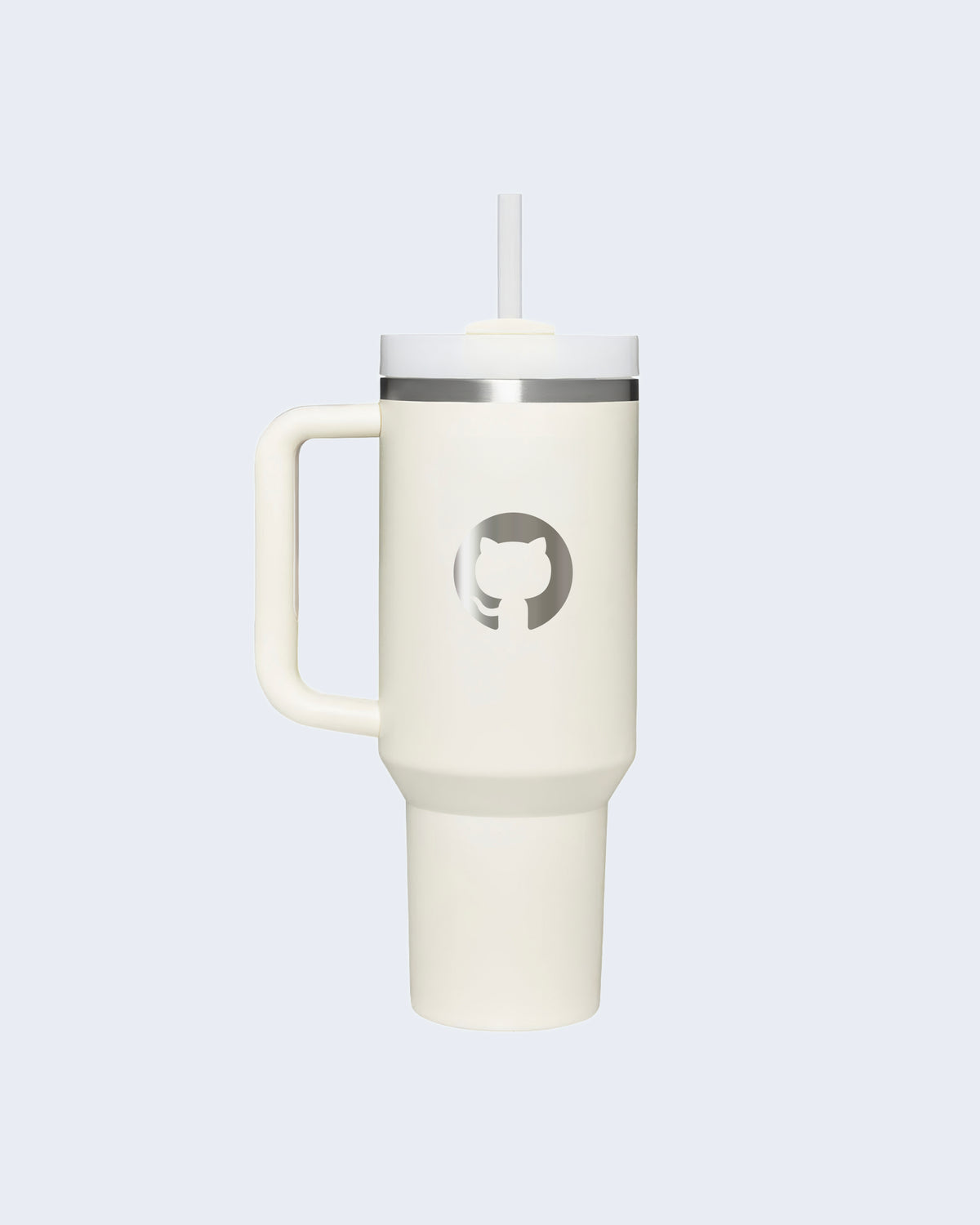 Stanley tumbler in Ivory with handle, reusable straw, and etched GitHub Invertocat logo on the front.