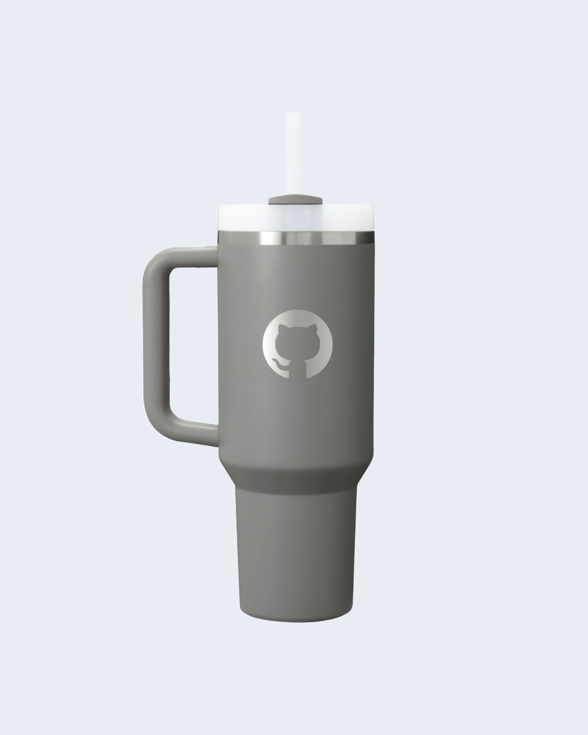 Stanley tumbler in Gray with handle, reusable straw, and etched GitHub Invertocat logo on the front.