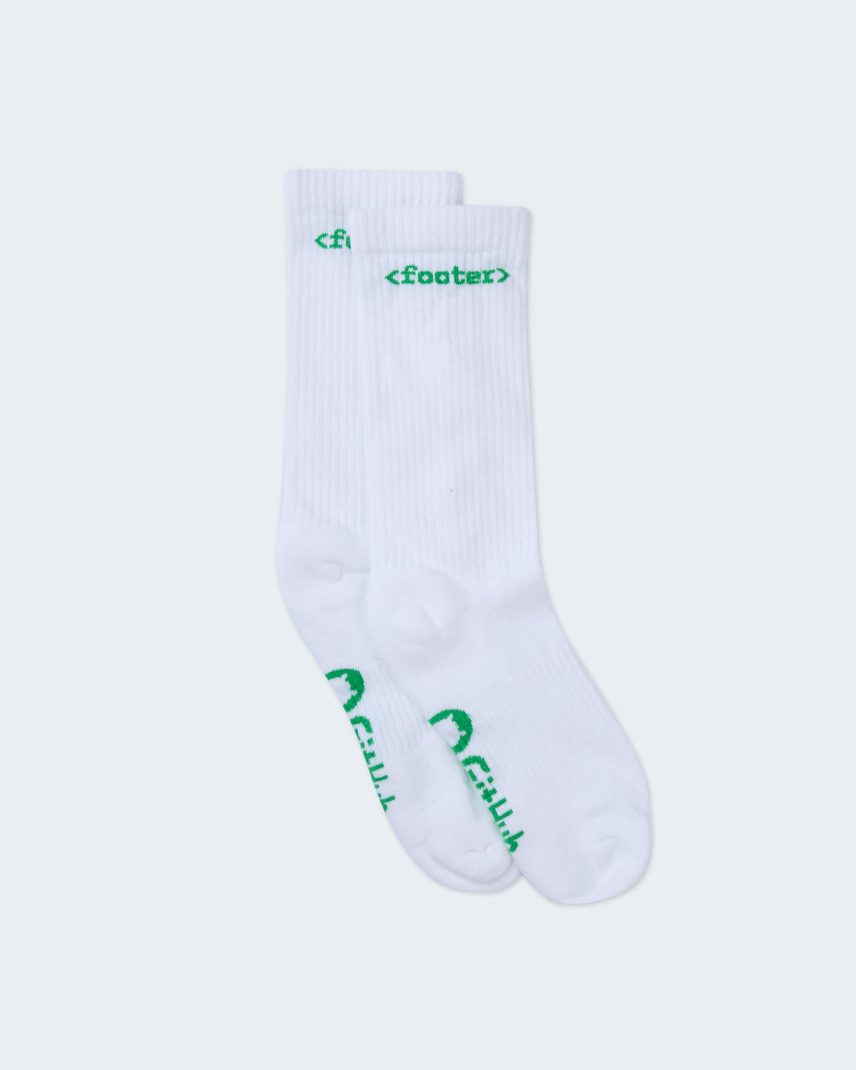Pair of white quarter-crew socks with green '<footer>' text at top cuff and green Octocat logo on the soles