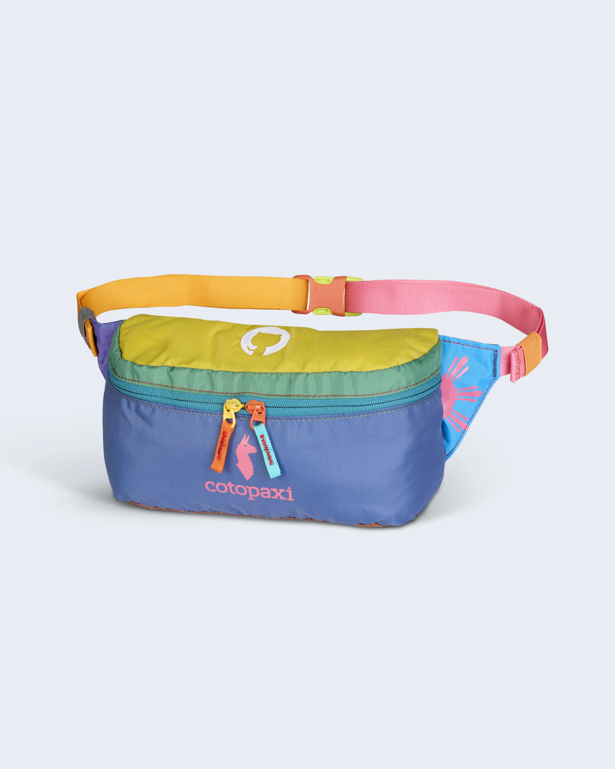 A multicolored hip pack with blue, yellow, and pink elements, featuring the Cotopaxi brand logo at the center and Invertocat logo at the top.