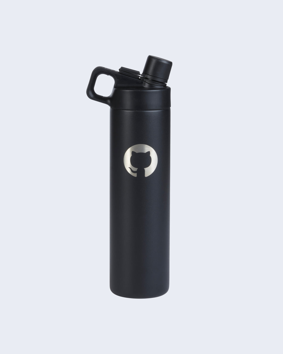 MiiR® Vacuum Insulated Hatchback Bottle in black with flip-top spout and carrying handle, featuring white GitHub Invertocat logo on the front.