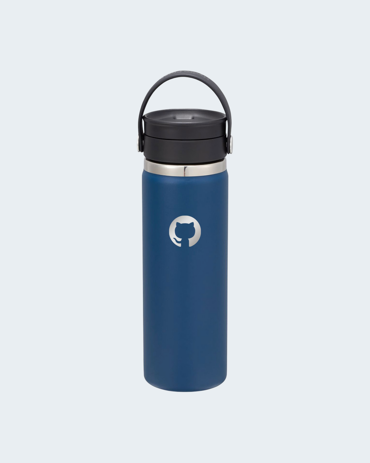 Hydroflask water bottle in blue with black lid and carry handle, featuring laser etched Invertocat logo at the center.