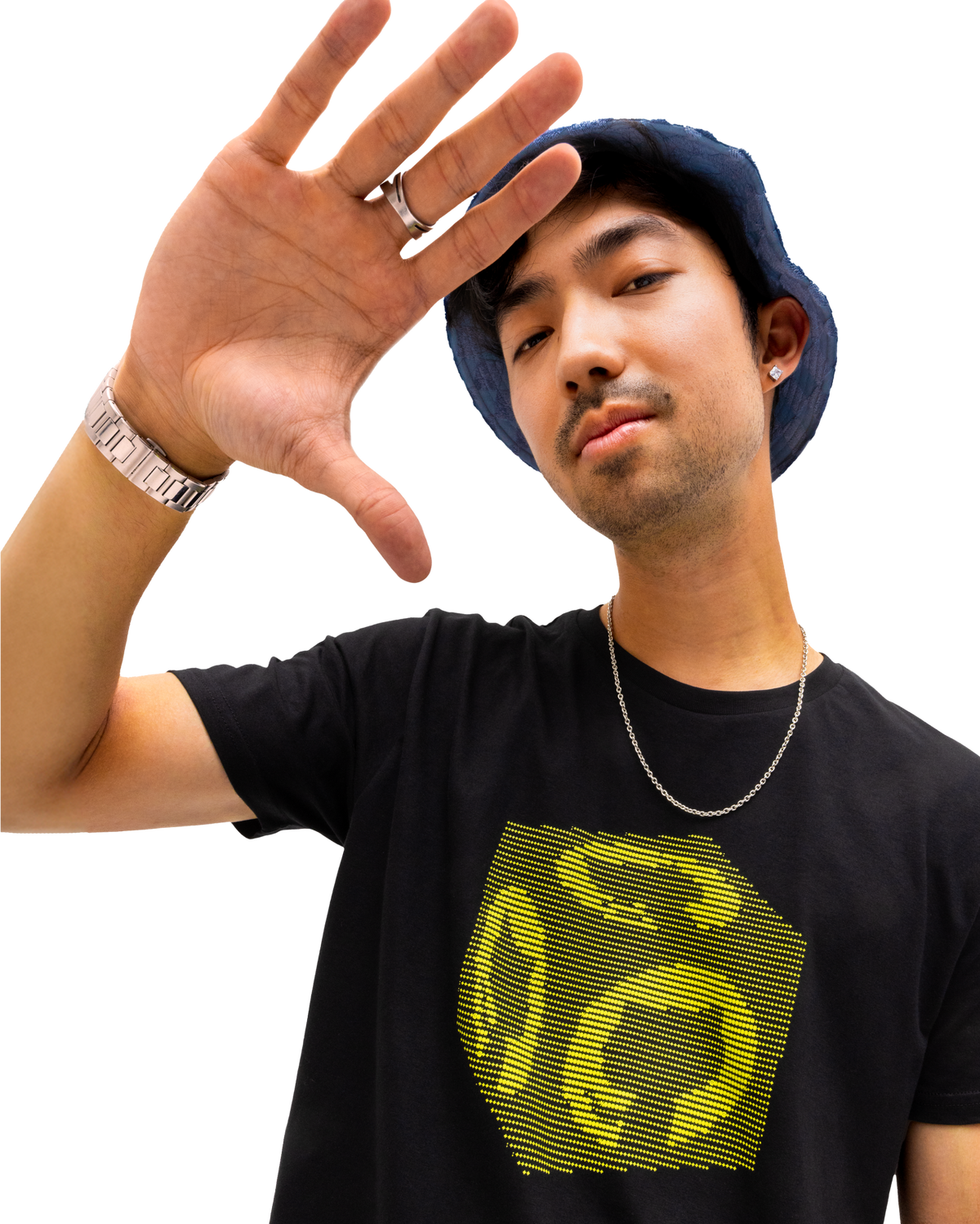 Male model wearing the ASCII Cube tee