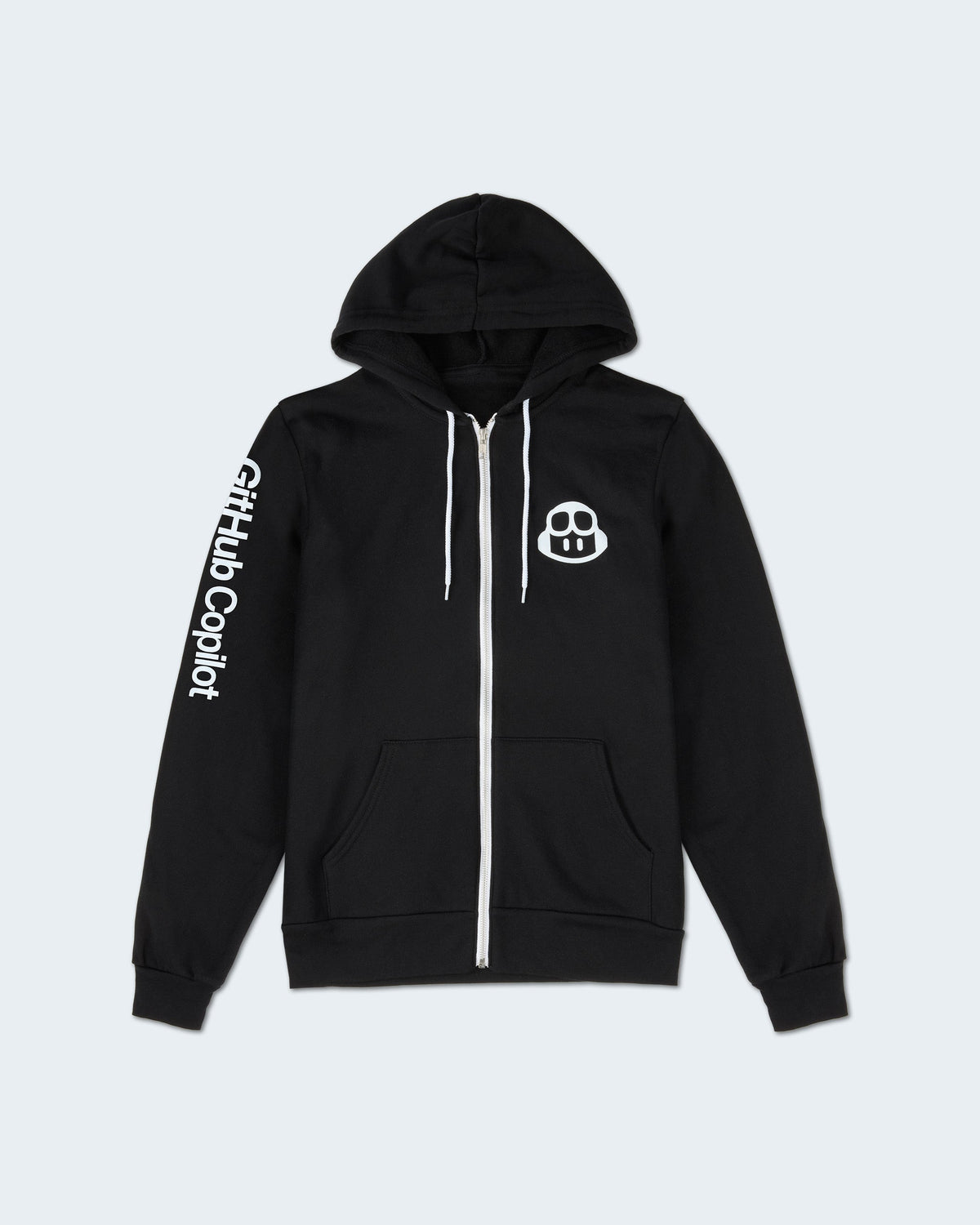 Black zip-up hoodie showing white GitHub CoPilot logo on left chest and "GitHub Copilot” text on right sleeve