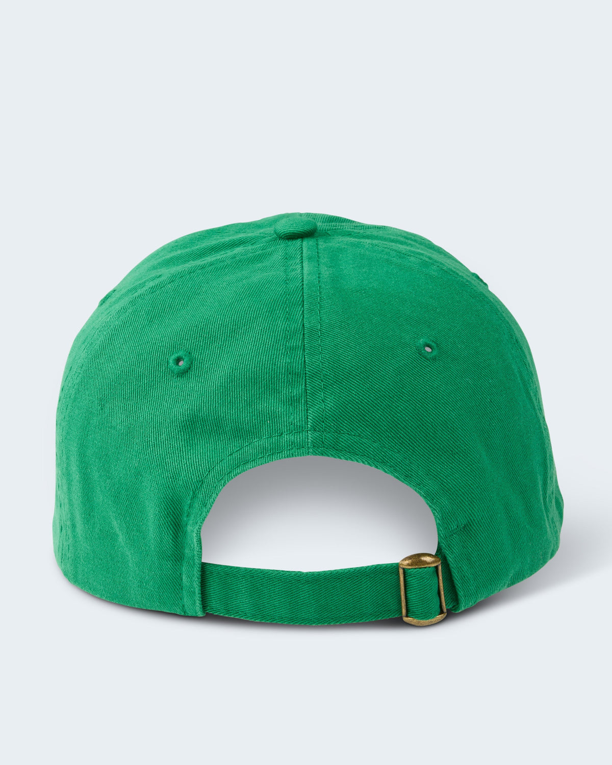 Back view of green unstructured cap with fabric and brass buckle closure