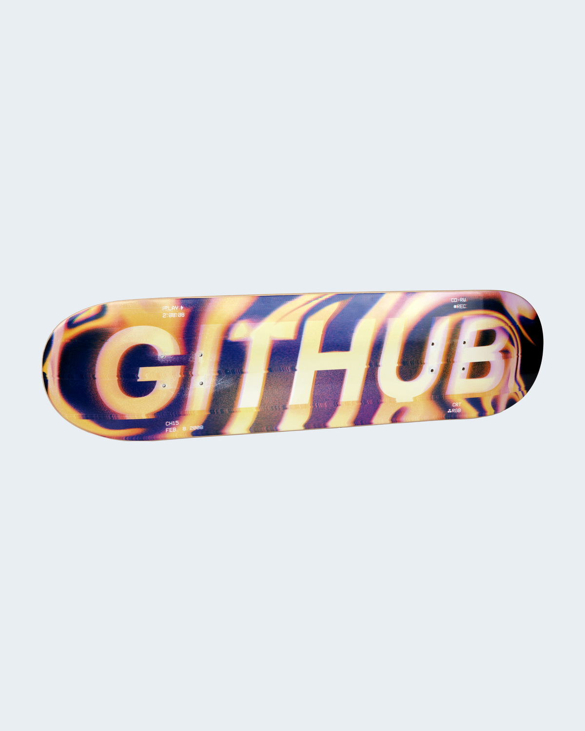 Bottom of GitHub Skateboard deck featuring stylized graphic 'GITHUB' text.
