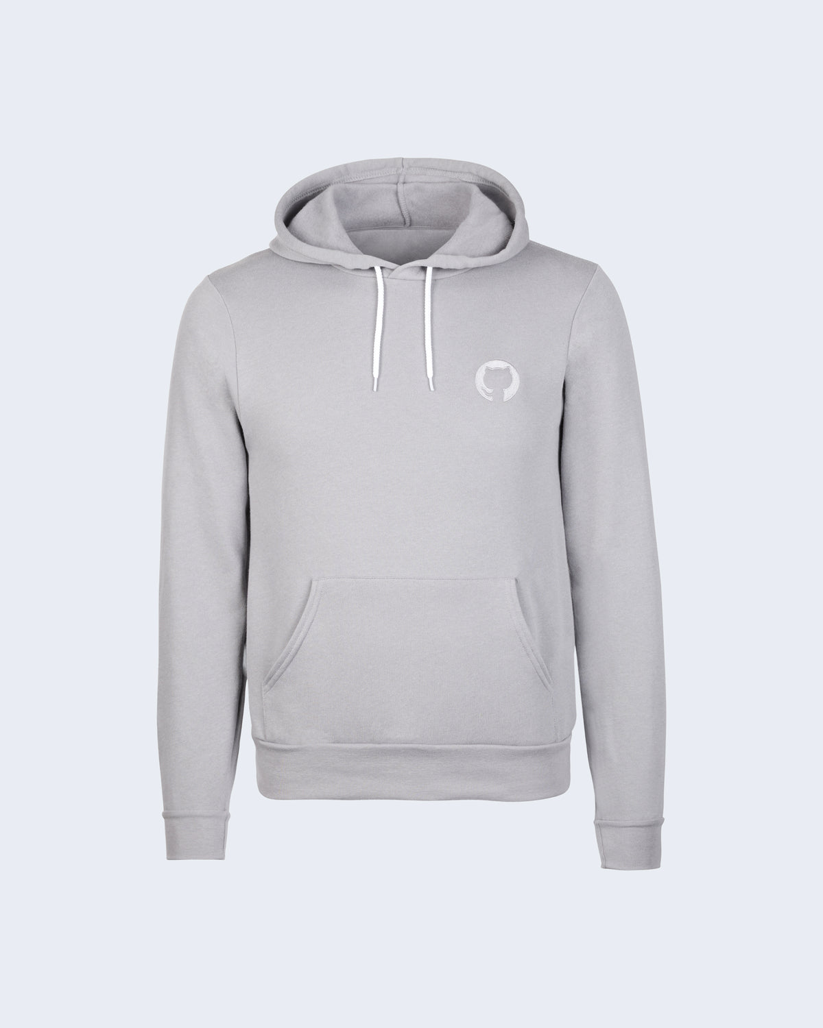 Gray pullover hoodie with white drawstrings and embroidered Invertocat logo on the left chest