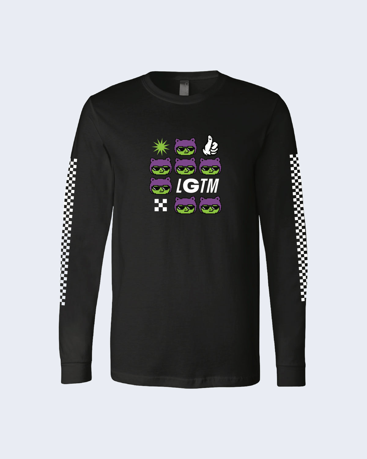 Long sleeve shirt in black featuring too-cool-for-school Monas graphic on the chest with printed checkered flags on both sleeves