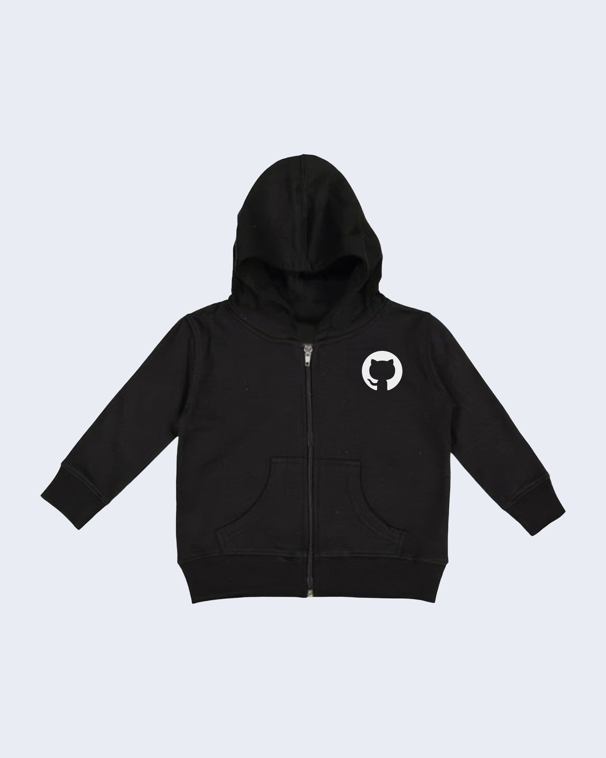 Black baby hoodie with black zipper, featuring white Invertocat logo on the left chest