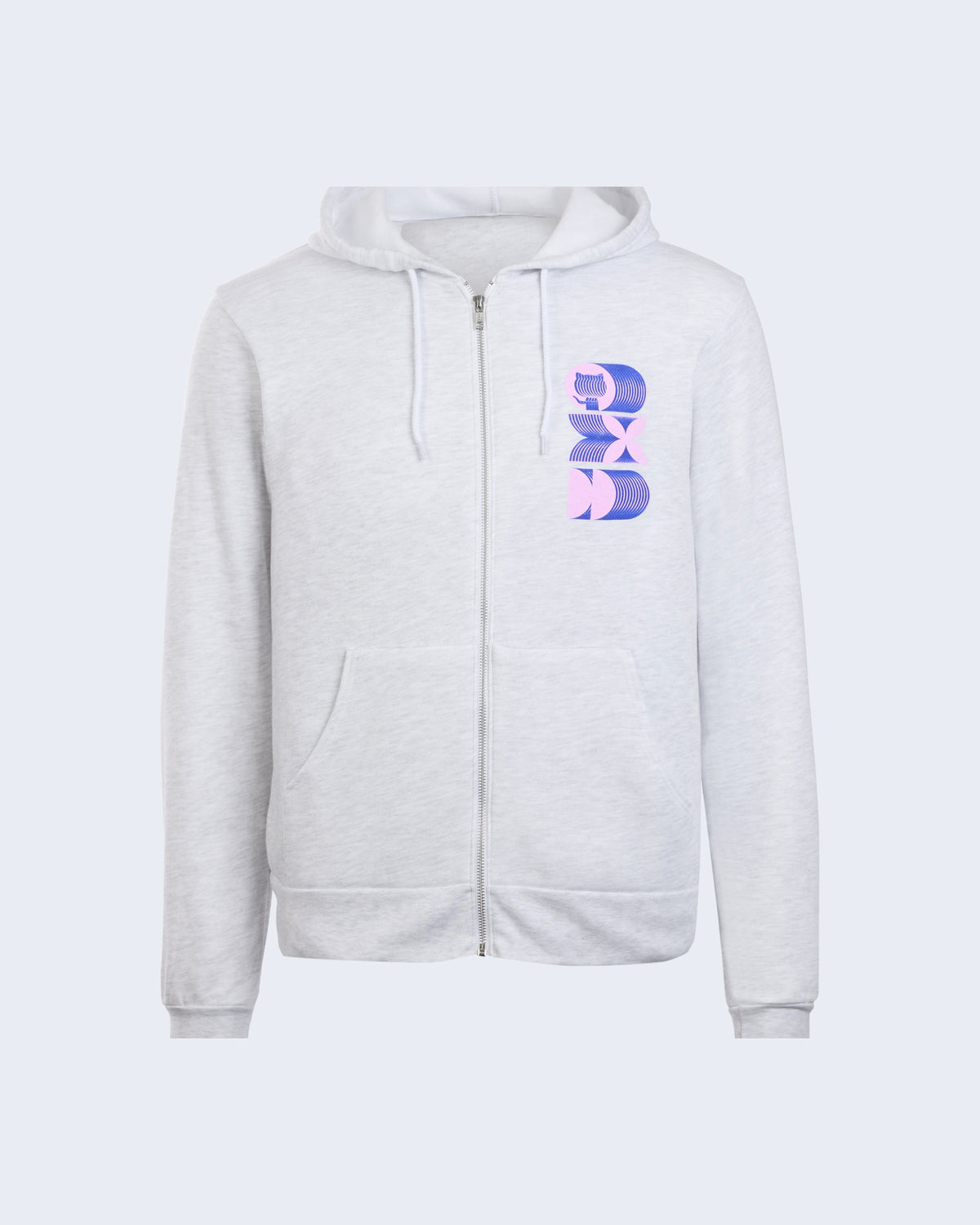 gray hoodie with a white drawstring and full-zip closure featuring pink and blue Universe '24 graphic on the left chest