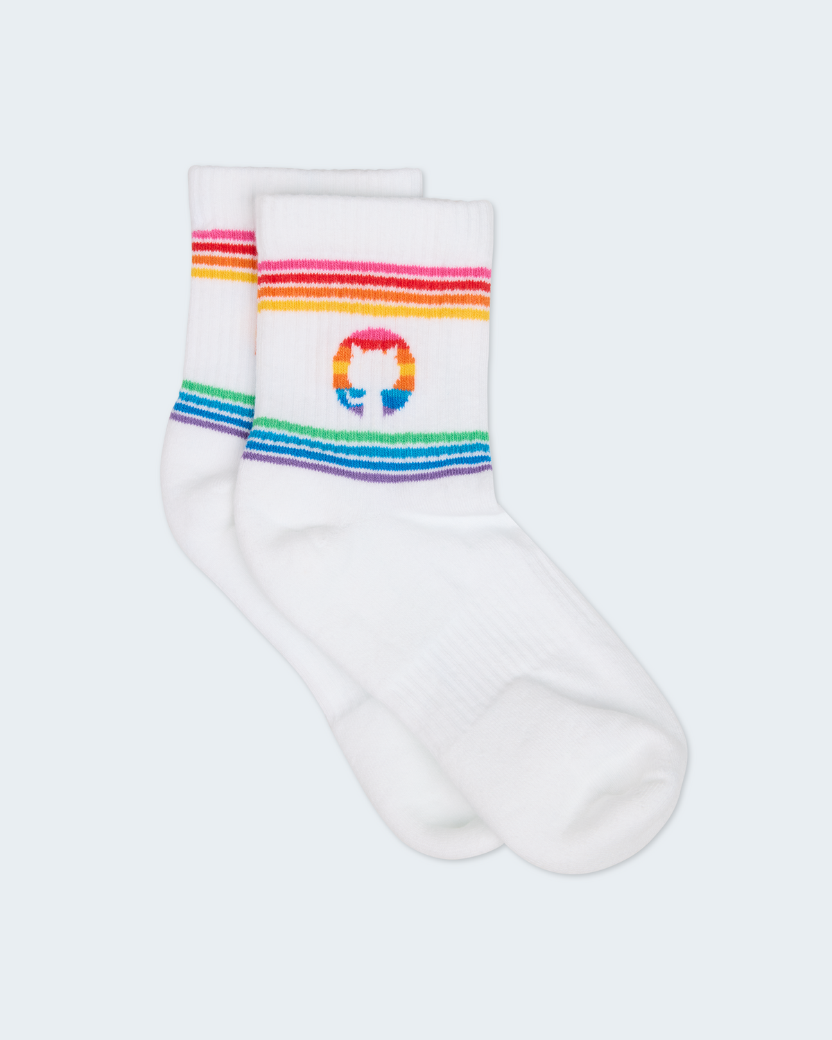 Pair of white crew socks with GitHub Pride logo and rainbow stripes on cuff and leg