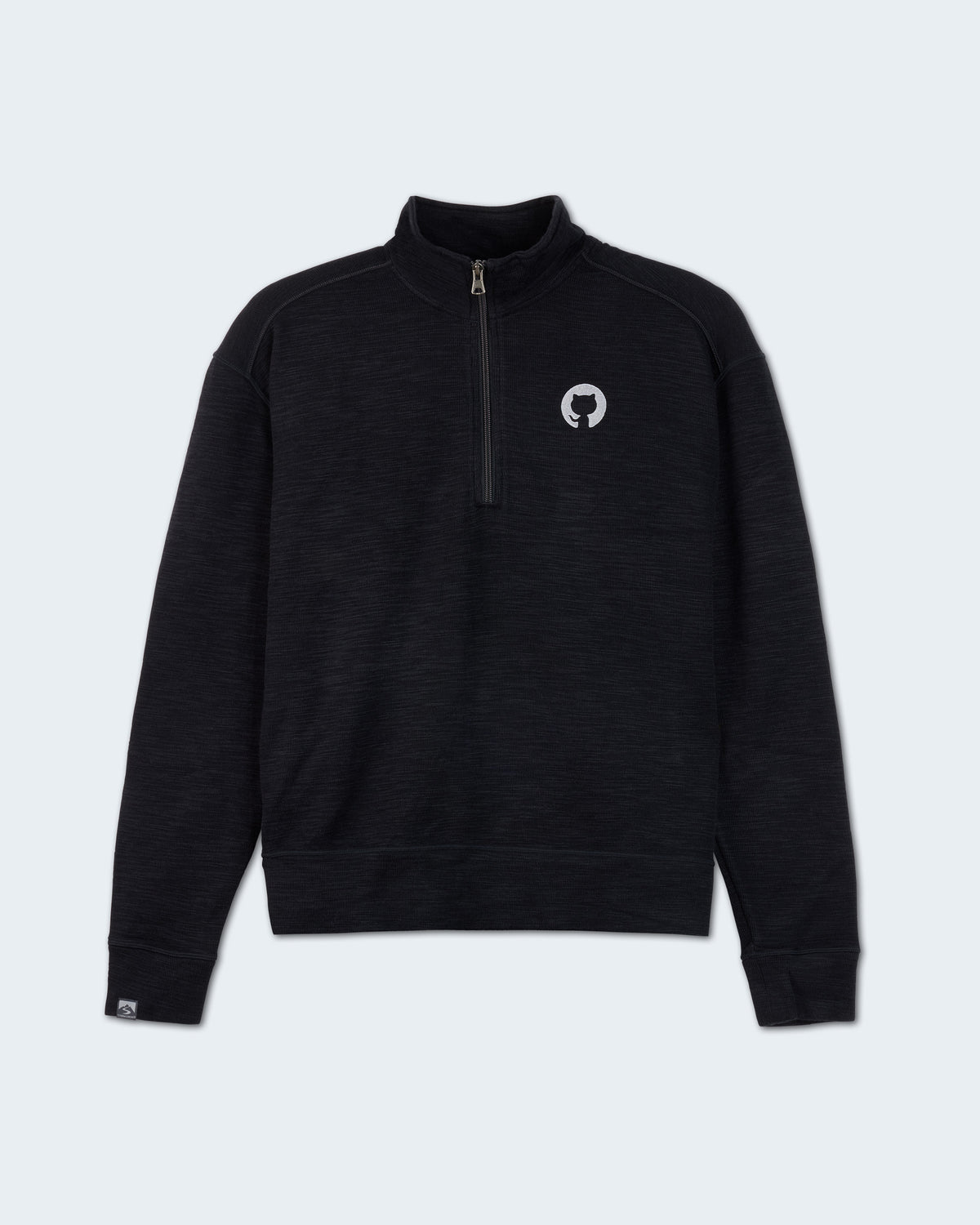 A black heathered quarter-zip sweatshirt with a small white circular GitHub logo on the left chest.