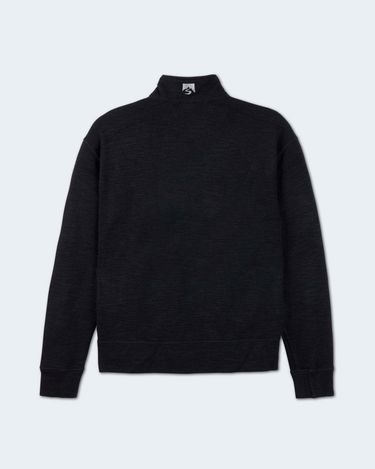 A black long-sleeve half-zip mock neck sweater,