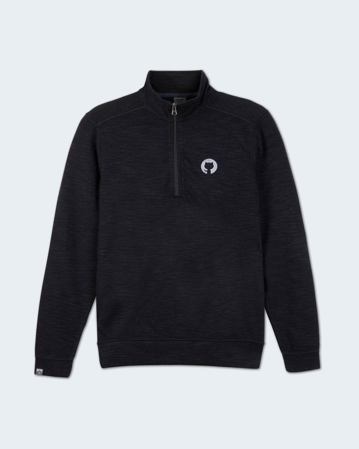 A black long-sleeve quarter-zip pullover sweatshirt with a small white circular GitHub logo on the left chest.