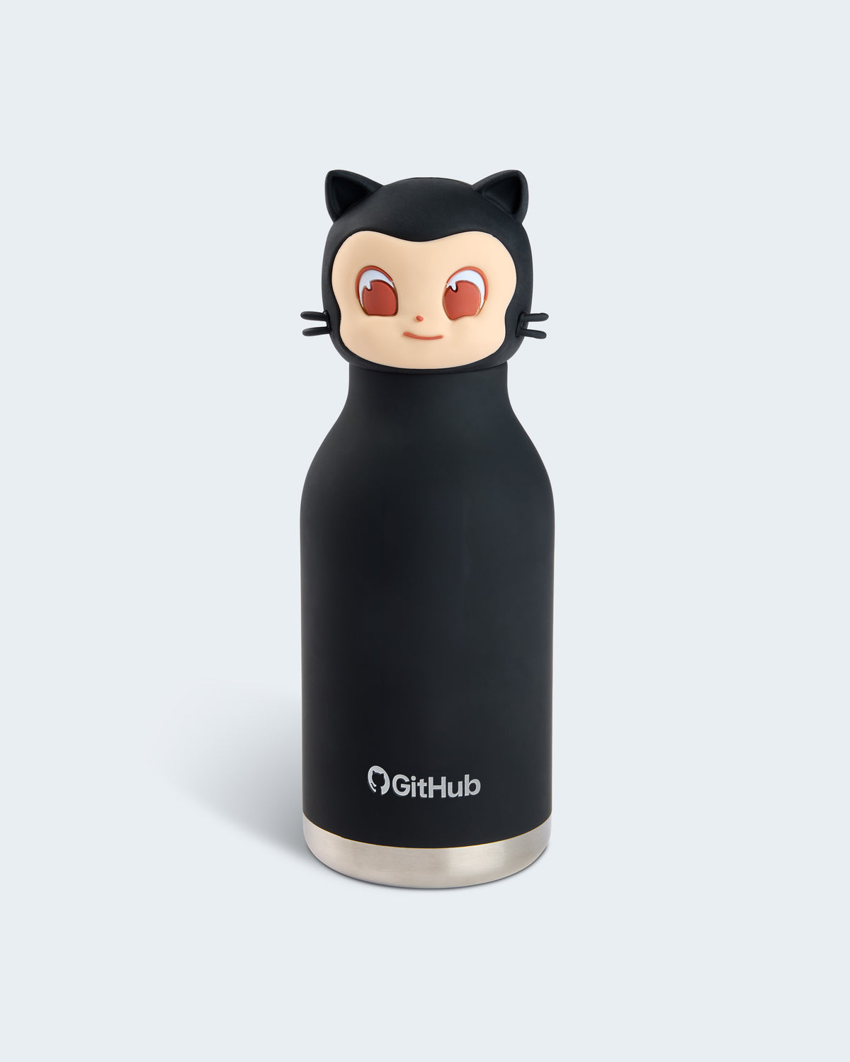 A black insulated water bottle with Mona character lid design and the GitHub logo near the bottom.