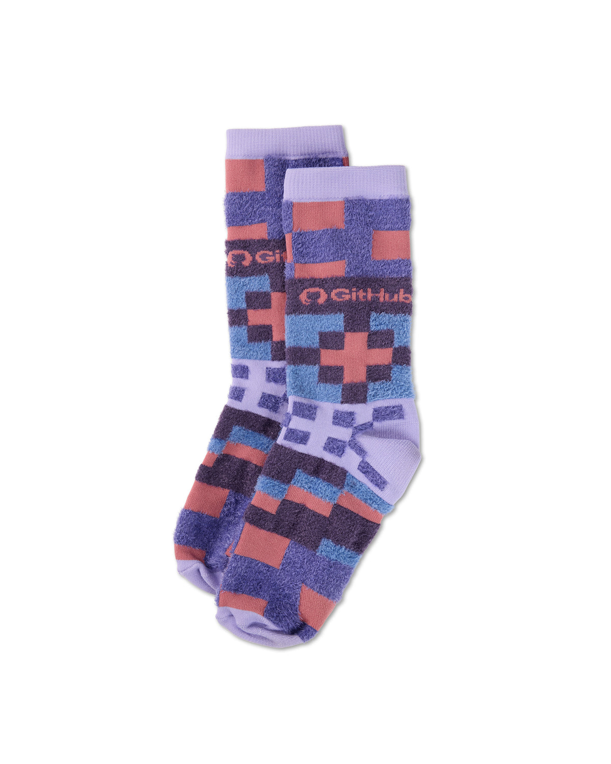 Lavender GitHub crew socks with a purple, blue, and coral pixel pattern.