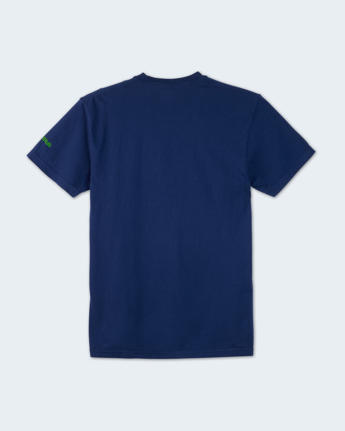 Back view of a navy blue short-sleeve t-shirt with A small green GitHub logo graphic is printed on the left sleeve.