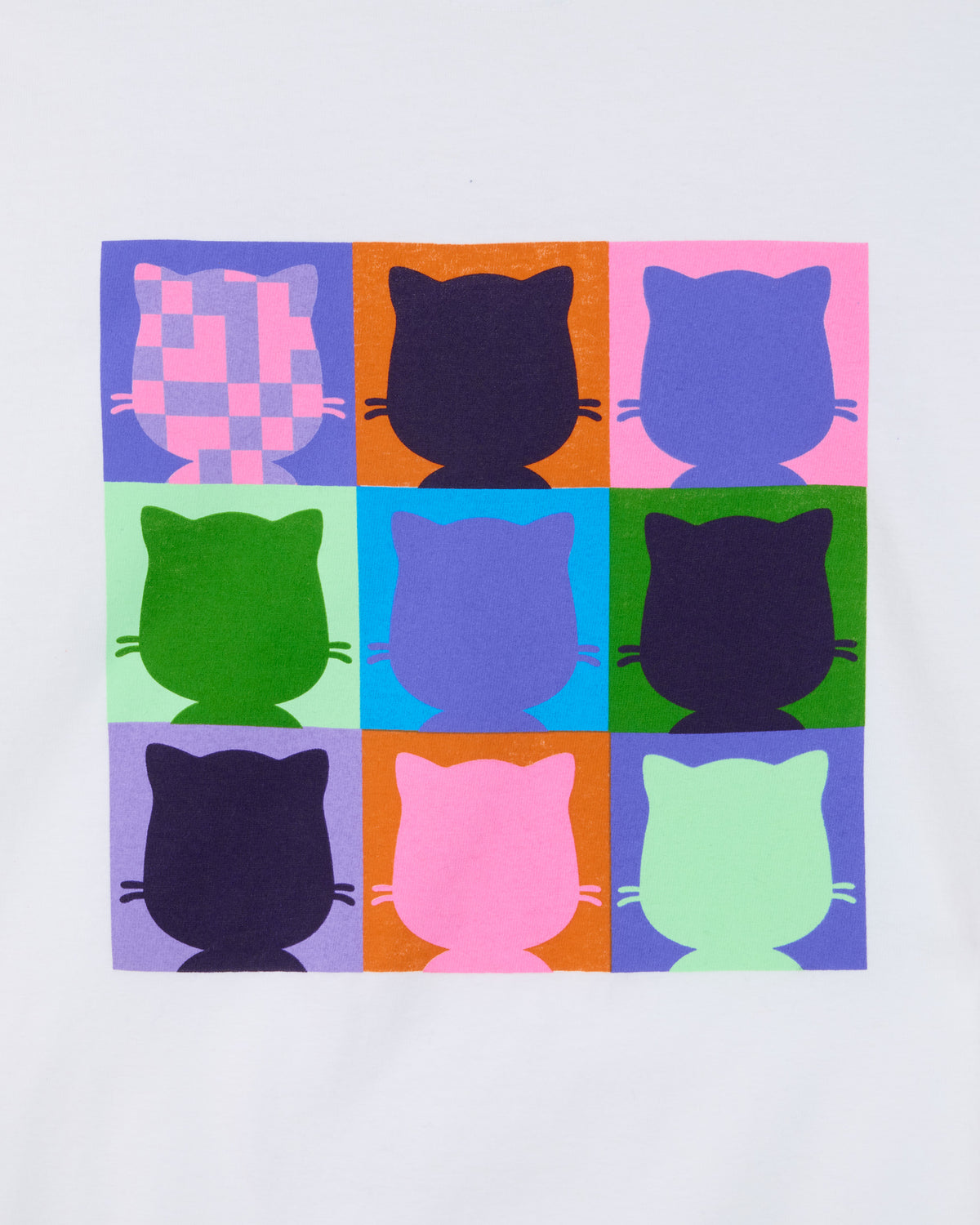 A square fabric art print featuring a 3x3 grid of stylized Mona silhouettes in various colors, including pink, green, blue, purple, orange, and black, on a white background.