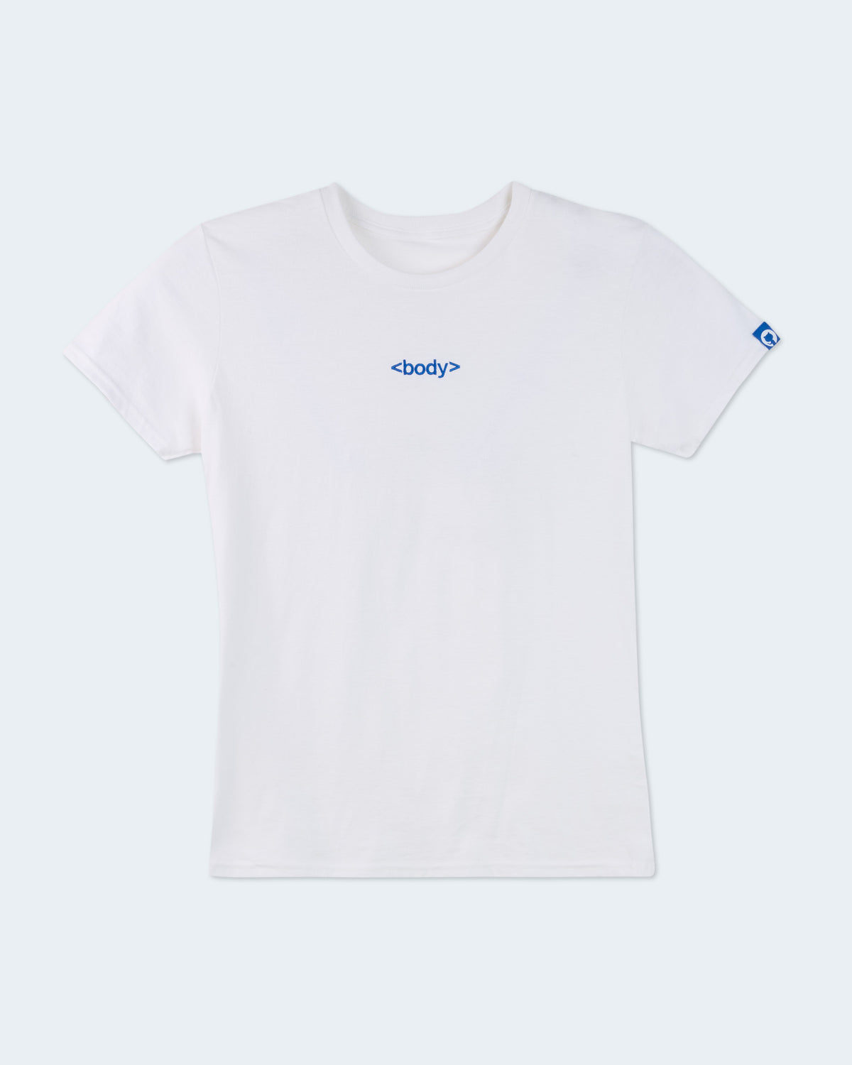 A white short-sleeve crewneck t-shirt with a small blue '<body>.' logo printed on the center chest and a small blue logo tag on the right sleeve.