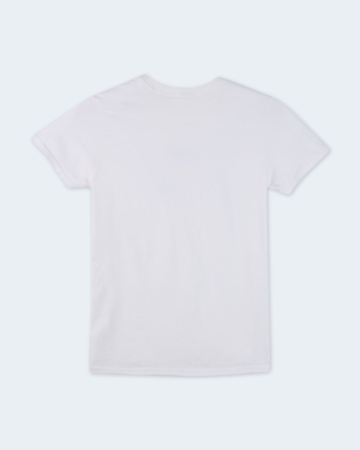 A plain white short-sleeve crewneck t-shirt shown from the back, laid flat.