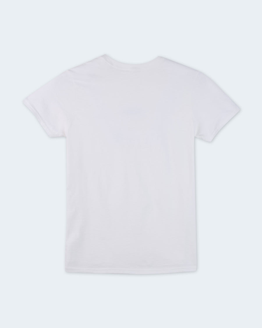 A plain white short-sleeve crewneck t-shirt shown from the back, laid flat.