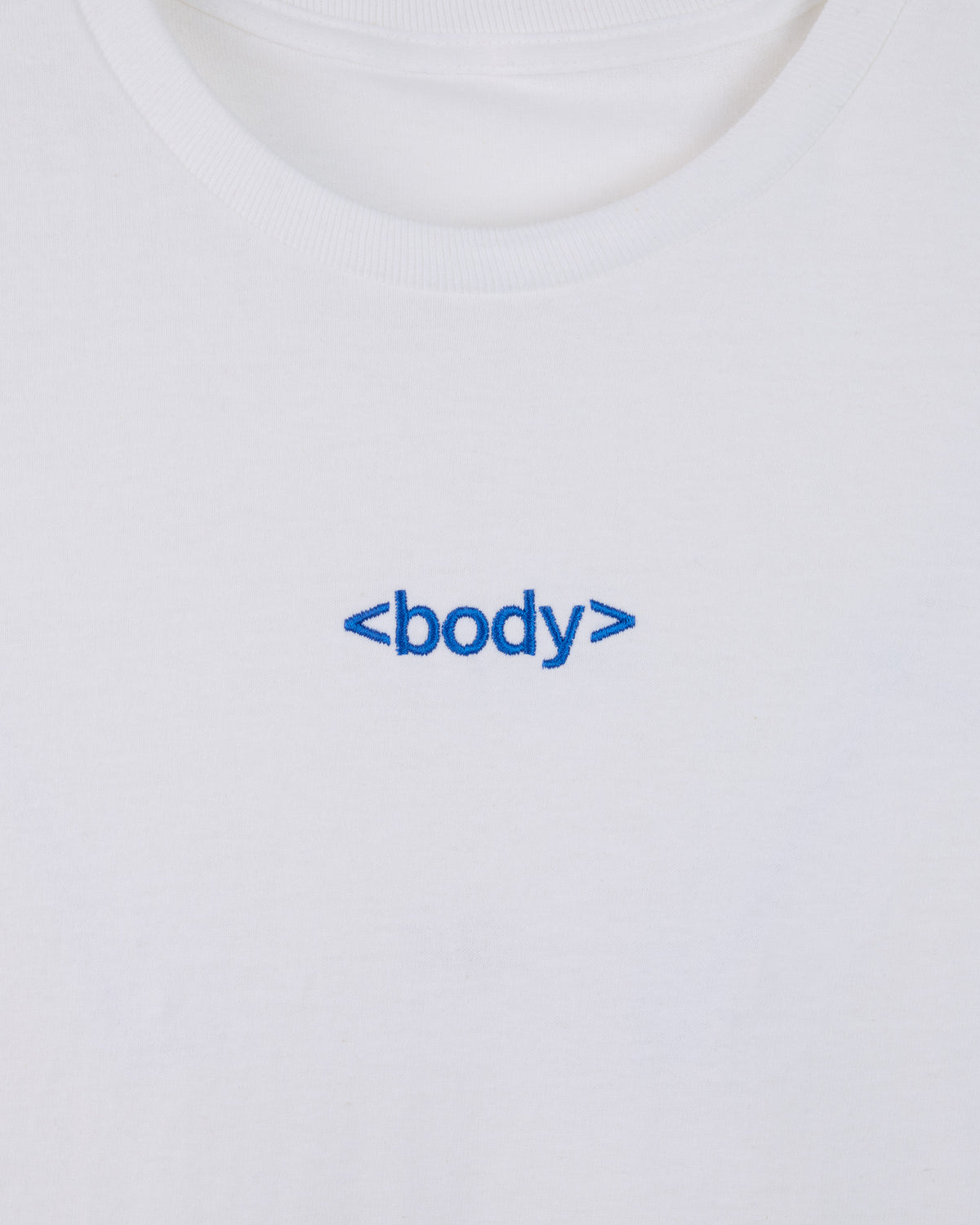 Close-up of a white crewneck t-shirt featuring a blue '<body>' logo embroidered on the chest.