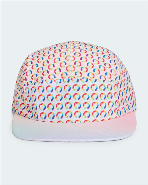 Front view of Light pastel 5-panel cap with repeating GitHub Pride logo pattern 