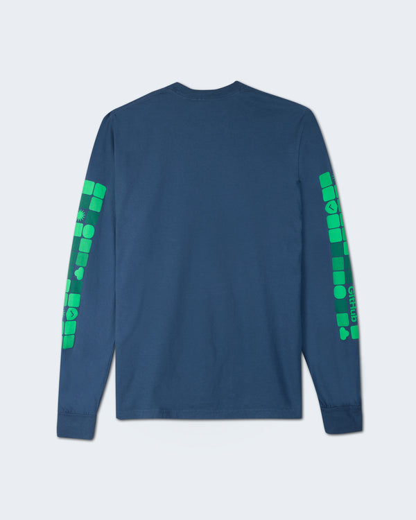 Back view of a midnight blue long-sleeve shirt with green geometric block patterns and GitHub logos running down both sleeves.